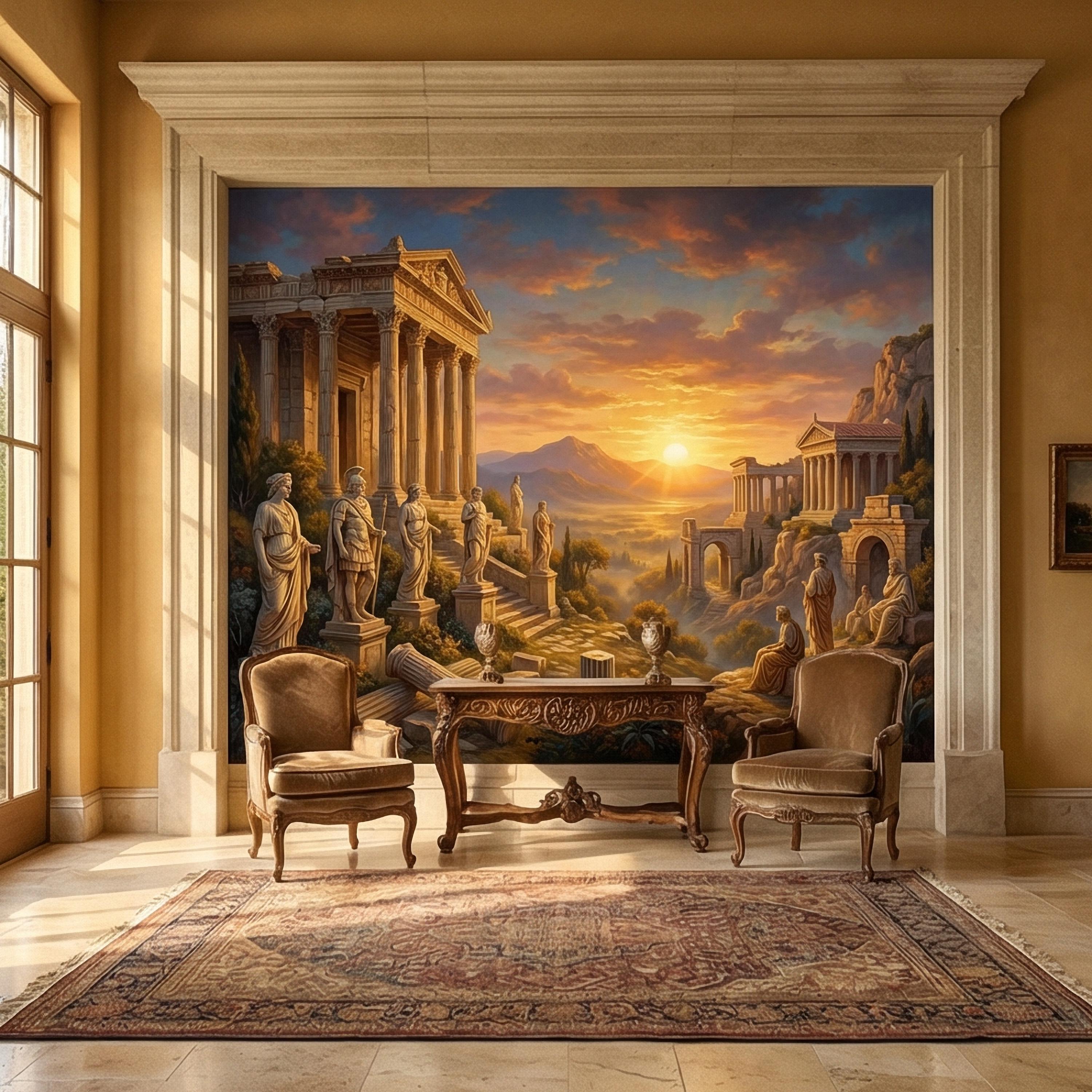 Ancient Greek Temple Peel and Stick Wall Mural, Classical Ruins Sunset Landscape, Mythic Mediterranean Wallpaper