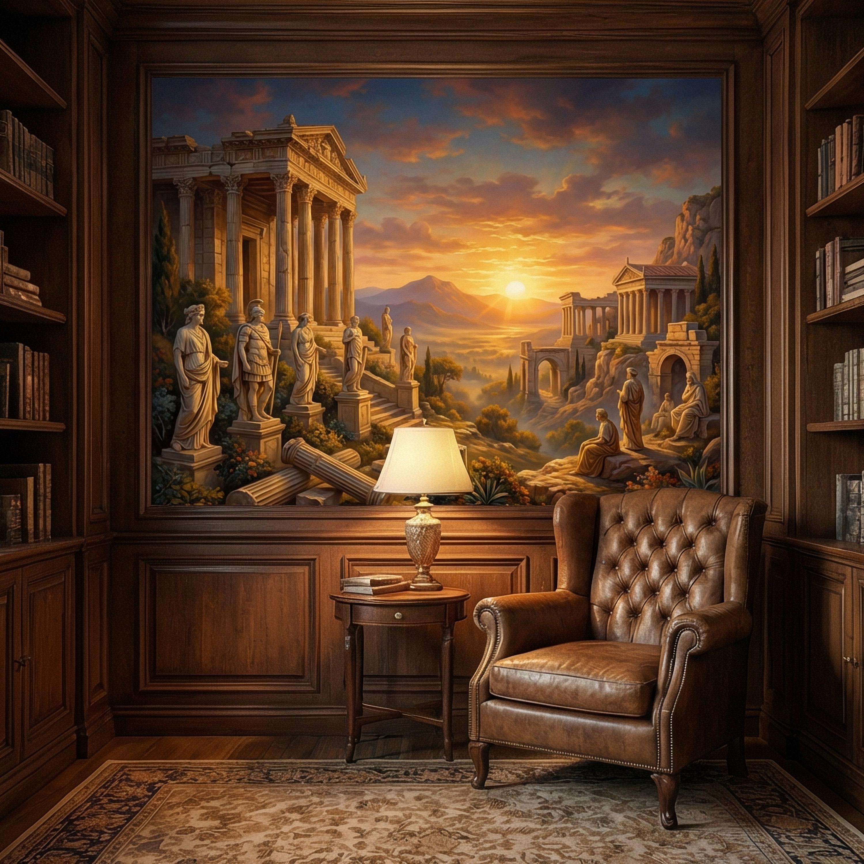 Ancient Greek Temple Peel and Stick Wall Mural, Classical Ruins Sunset Landscape, Mythic Mediterranean Wallpaper