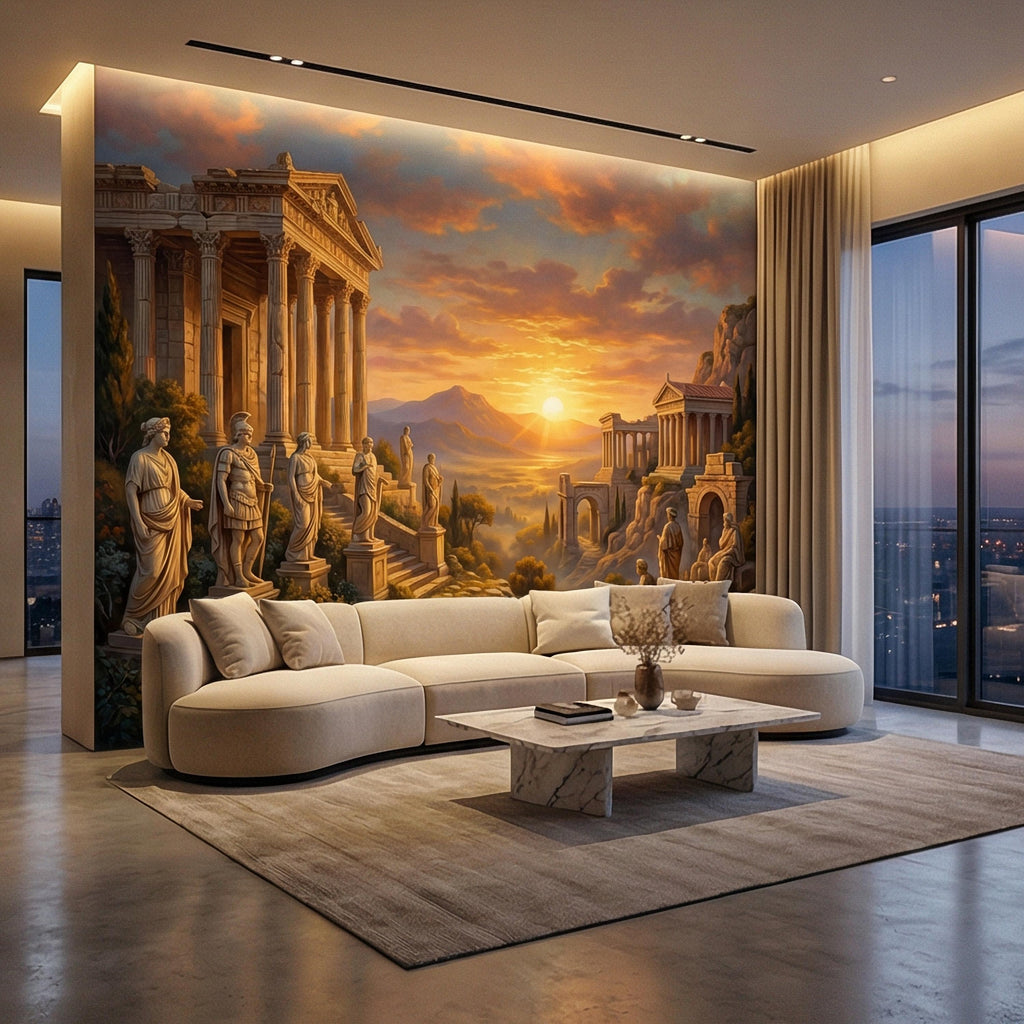 Ancient Greek Temple Peel and Stick Wall Mural, Classical Ruins Sunset Landscape, Mythic Mediterranean Wallpaper