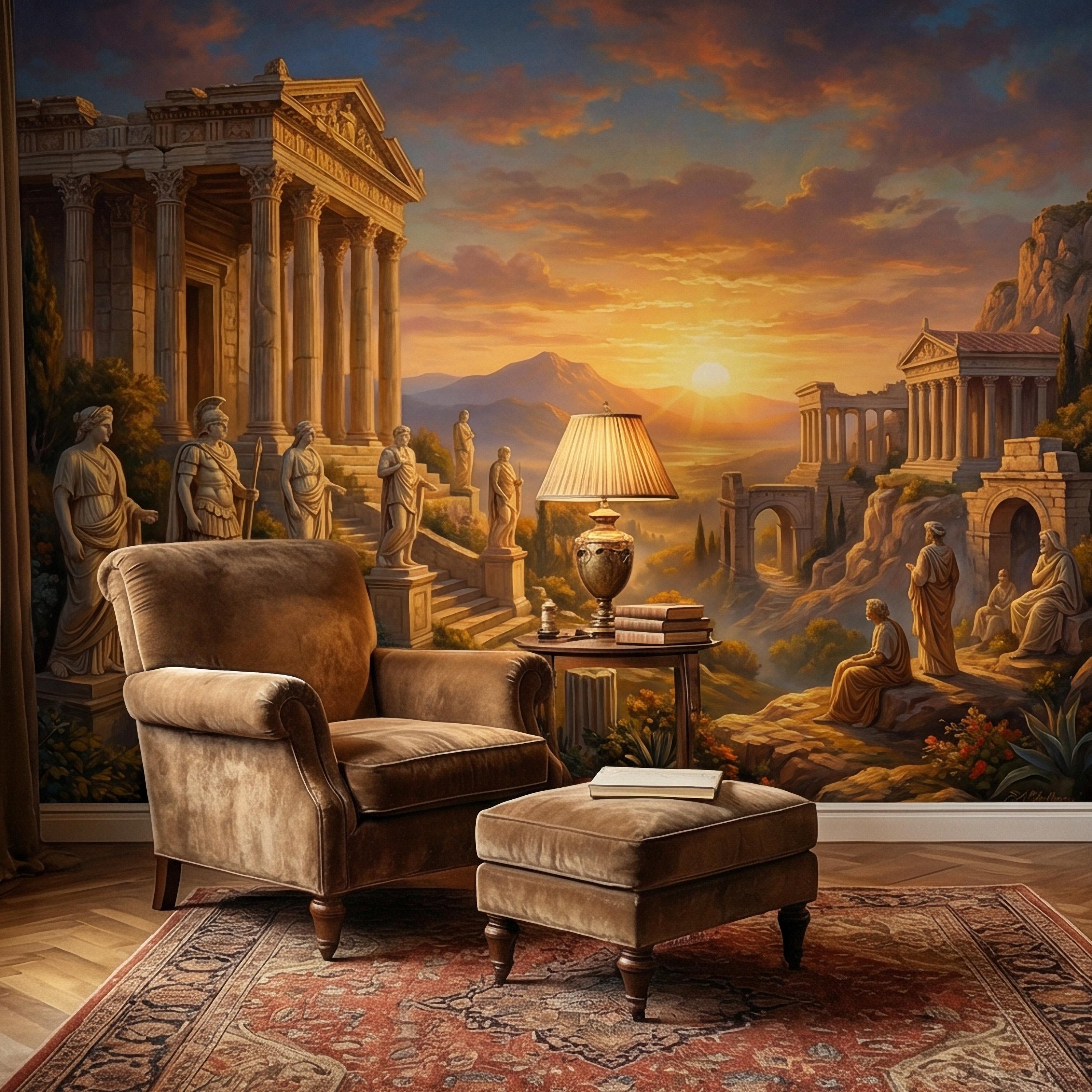 Ancient Greek Temple Peel and Stick Wall Mural, Classical Ruins Sunset Landscape, Mythic Mediterranean Wallpaper