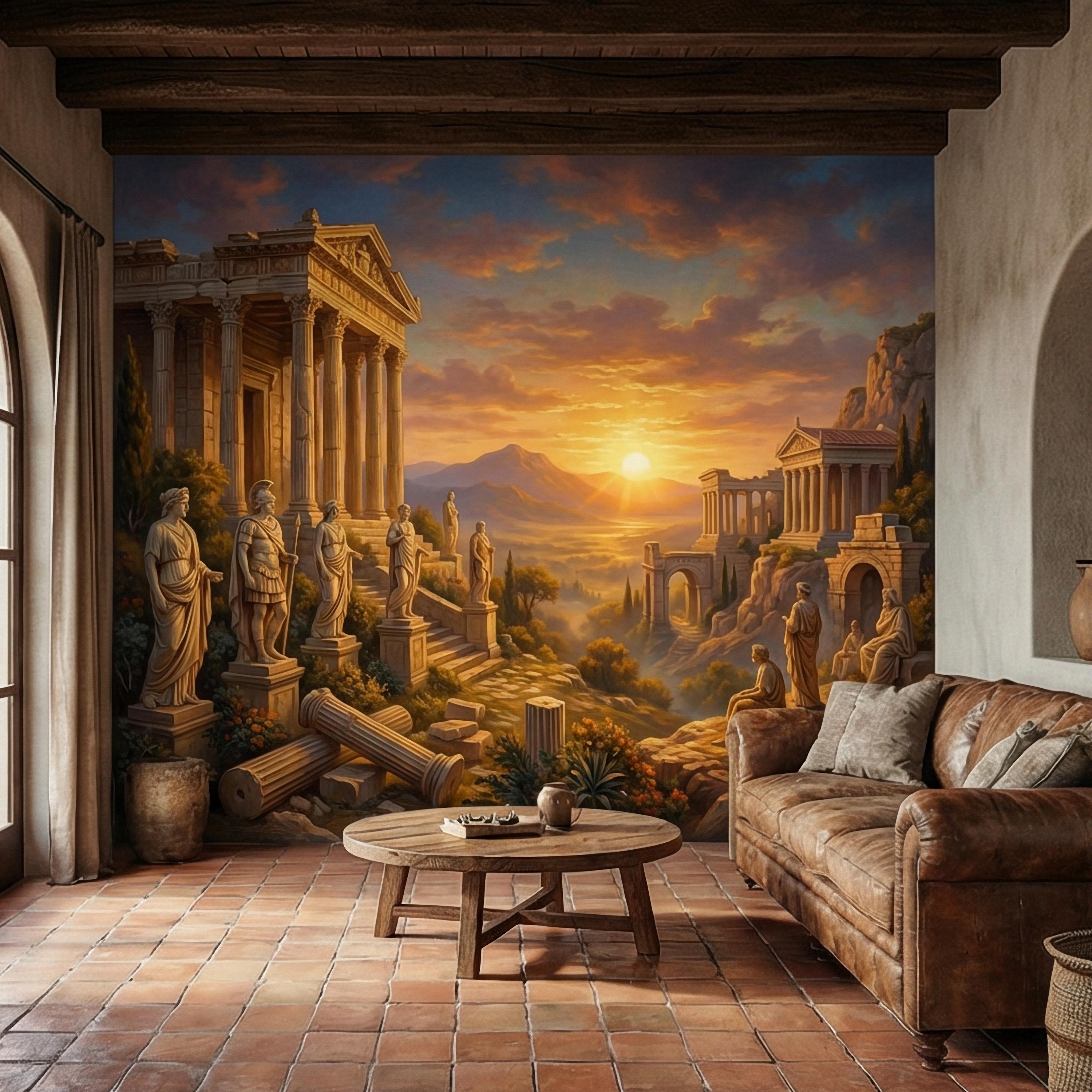 Ancient Greek Temple Peel and Stick Wall Mural, Classical Ruins Sunset Landscape, Mythic Mediterranean Wallpaper