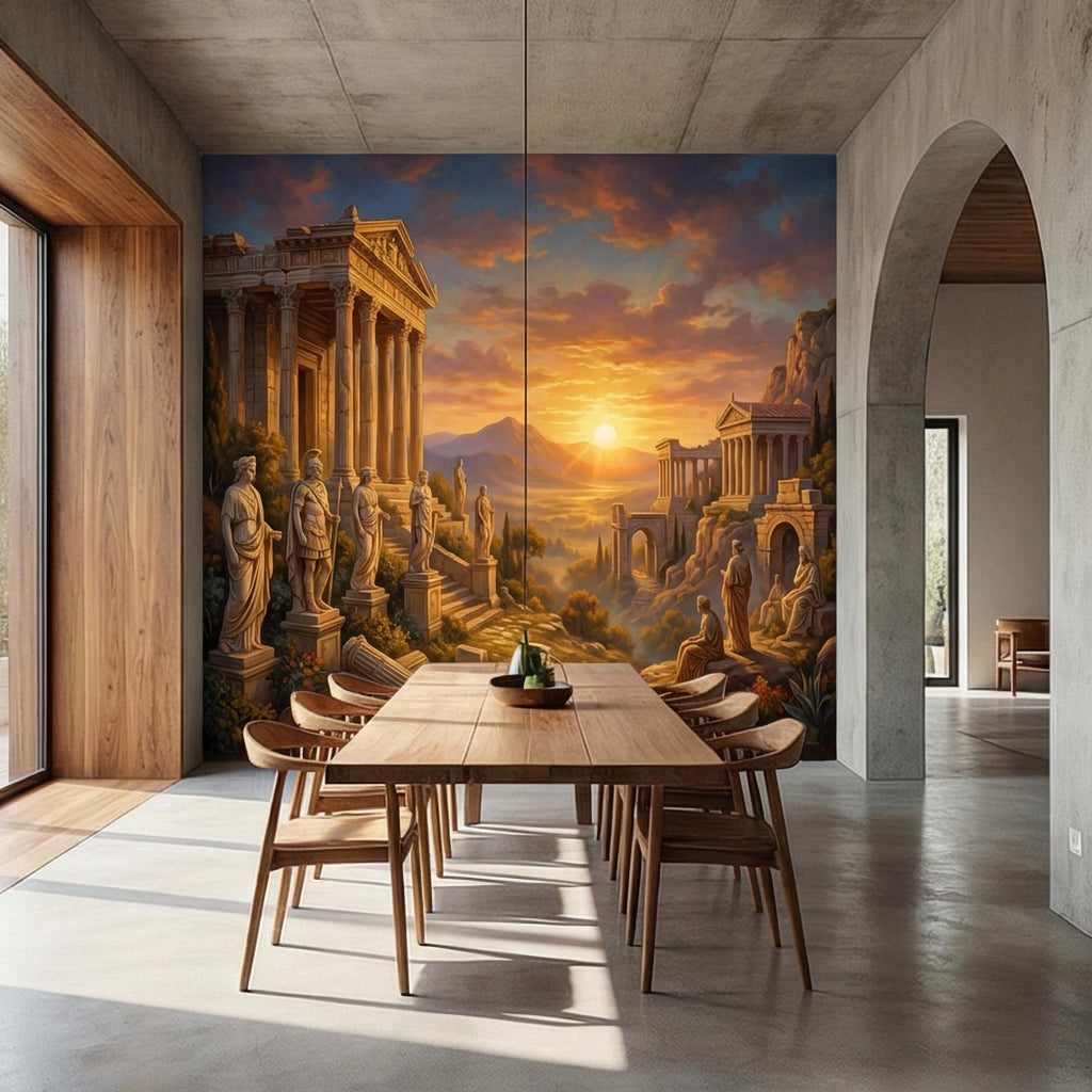 Ancient Greek Temple Peel and Stick Wall Mural, Classical Ruins Sunset Landscape, Mythic Mediterranean Wallpaper