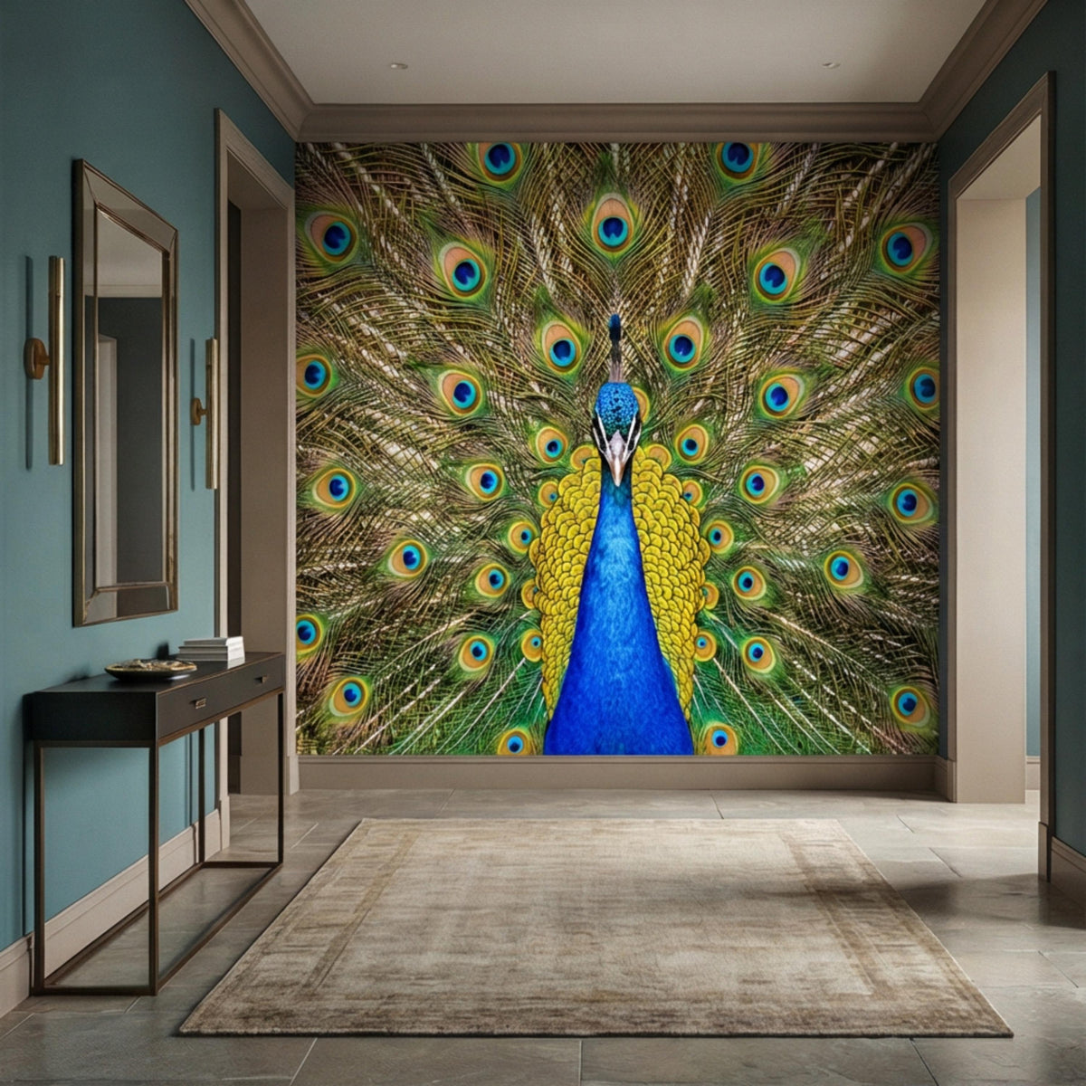 Peacock feather wall mural with central peacock and green-blue eye spot feather fan
