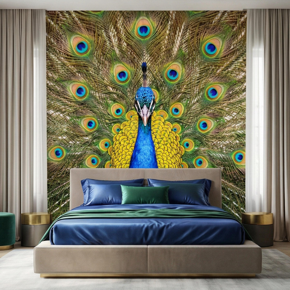 Peacock bird wall mural with blue crest, yellow chest, and circular eye-feather motifs