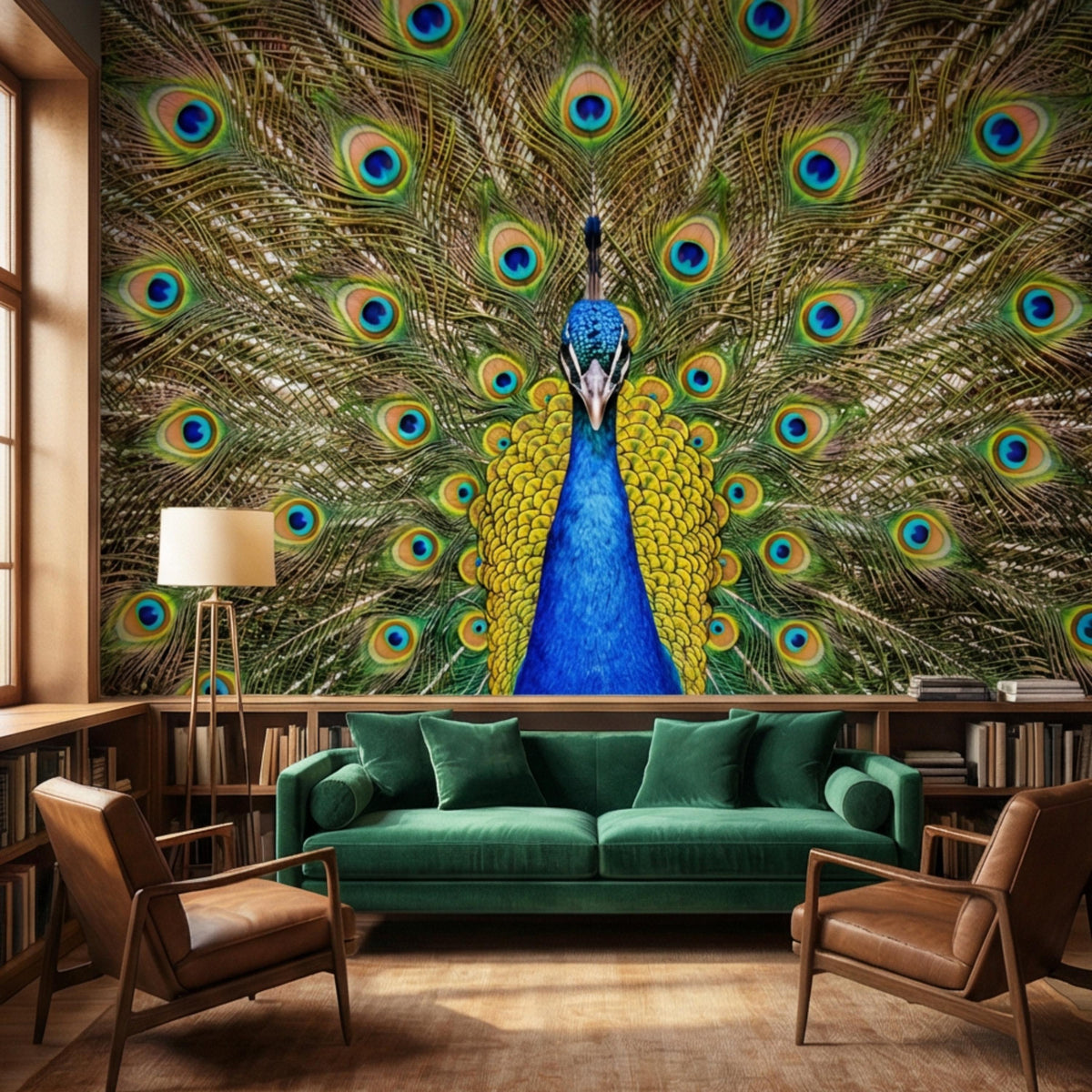 Peacock feather wall mural on full wall with blue head and fanned eye feather pattern
