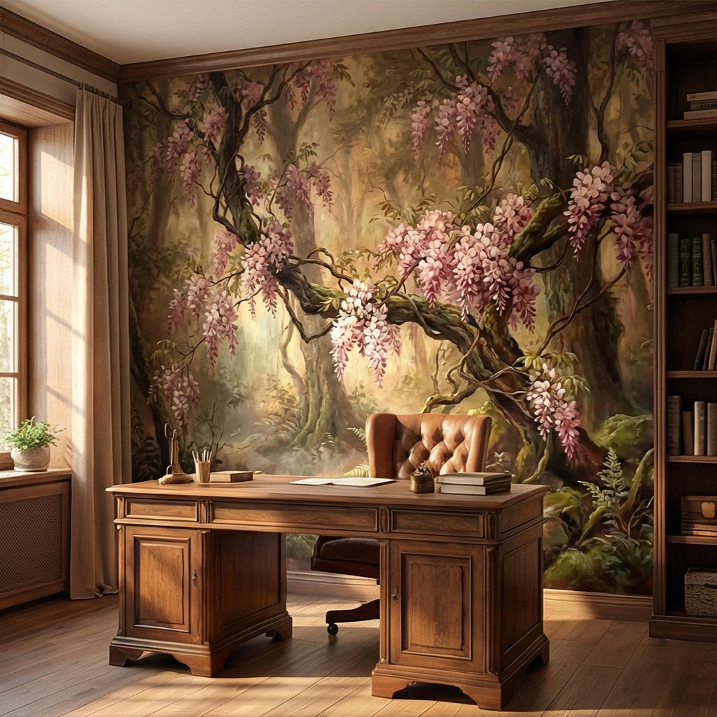 Misty Wisteria Forest Peel and Stick Wall Mural, Moody Floral Woodland, Romantic Botanical Wallpaper