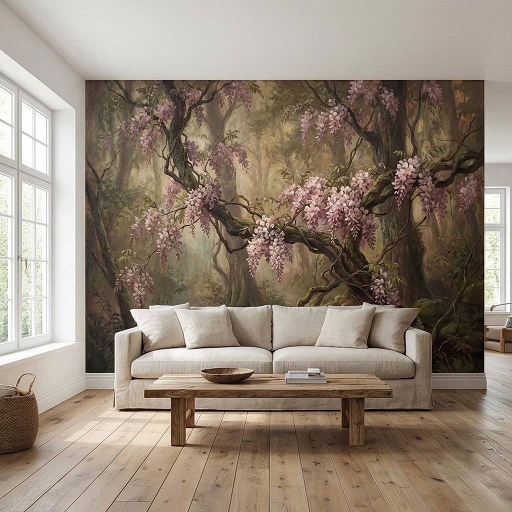 Misty Wisteria Forest Peel and Stick Wall Mural, Moody Floral Woodland, Romantic Botanical Wallpaper