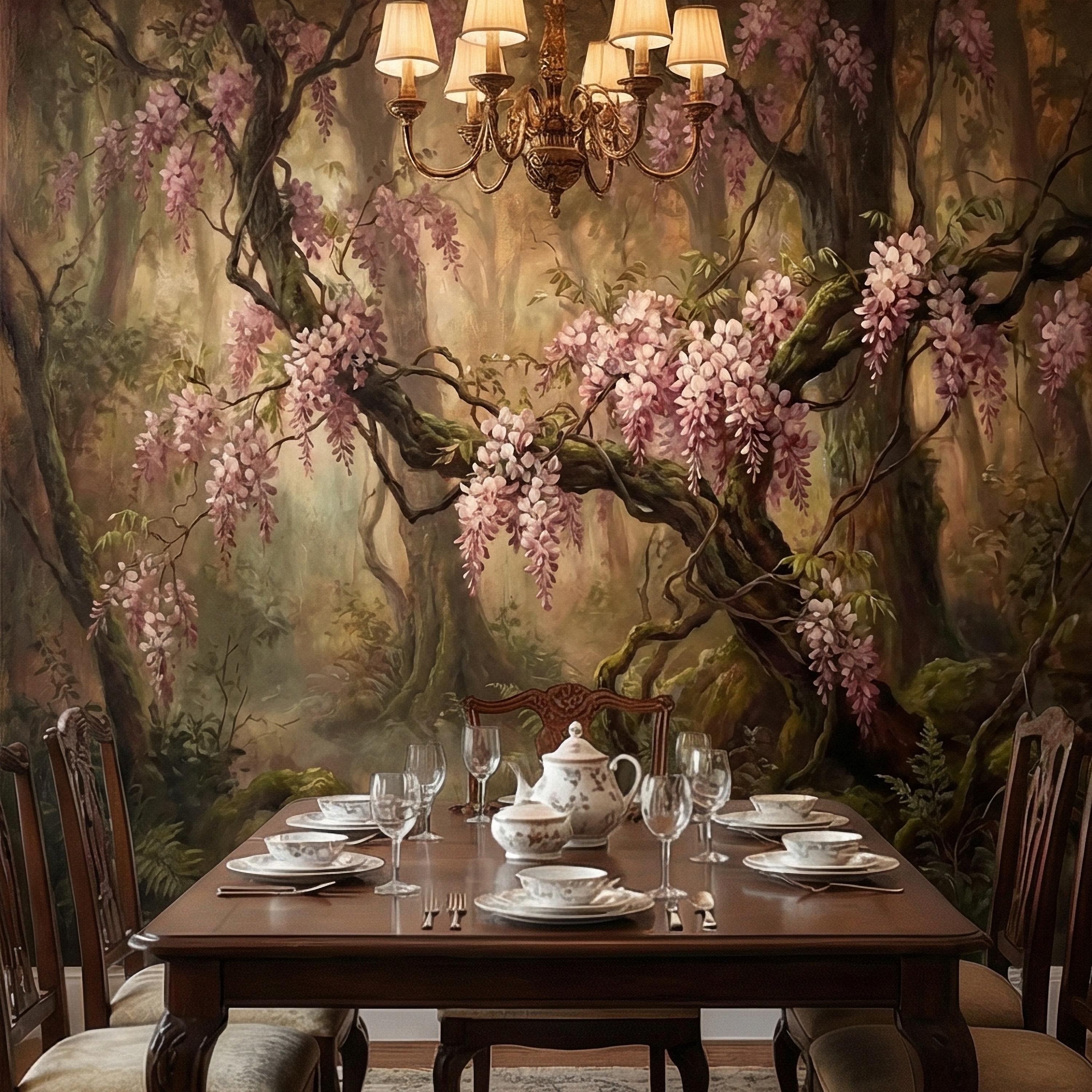 Misty Wisteria Forest Peel and Stick Wall Mural, Moody Floral Woodland, Romantic Botanical Wallpaper