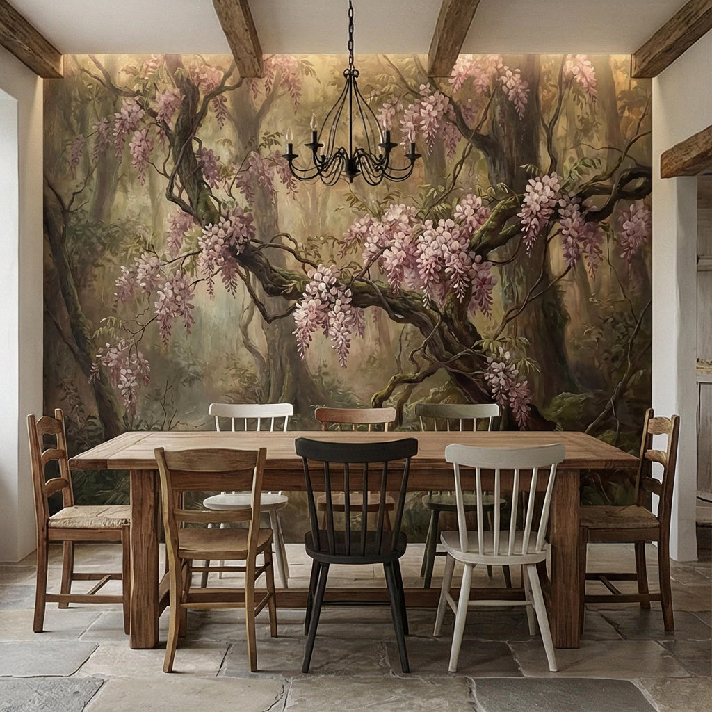 Misty Wisteria Forest Peel and Stick Wall Mural, Moody Floral Woodland, Romantic Botanical Wallpaper