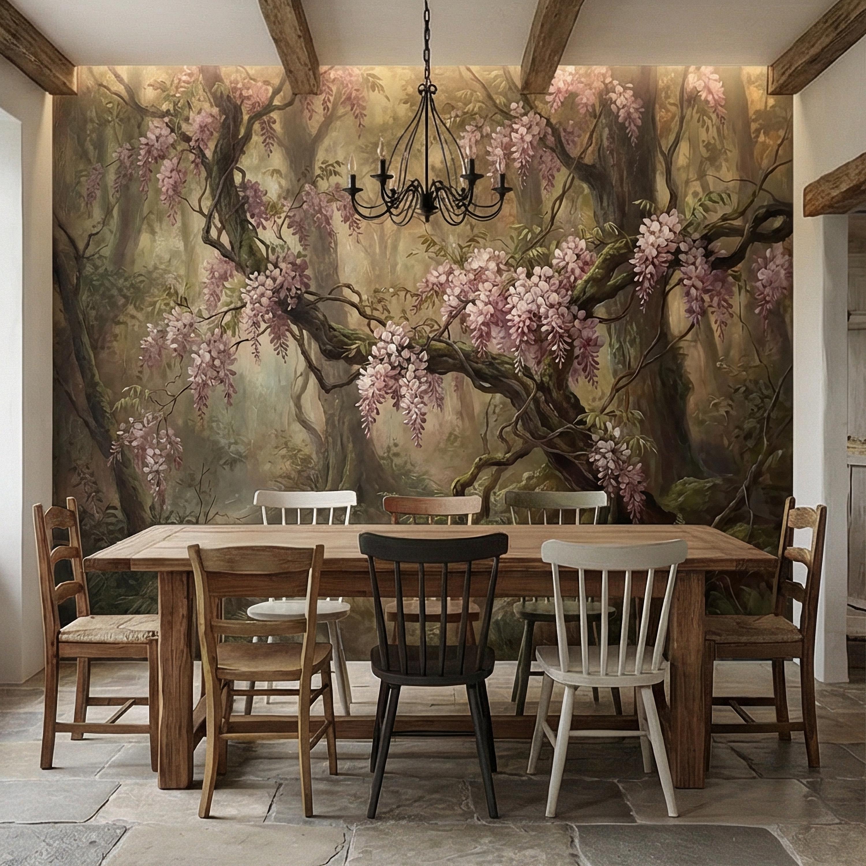 Misty Wisteria Forest Peel and Stick Wall Mural, Moody Floral Woodland, Romantic Botanical Wallpaper