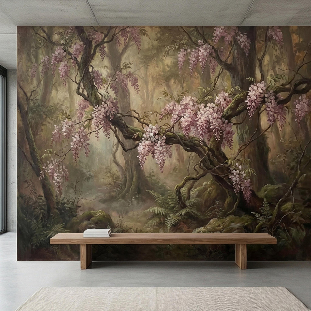 Misty Wisteria Forest Peel and Stick Wall Mural, Moody Floral Woodland, Romantic Botanical Wallpaper