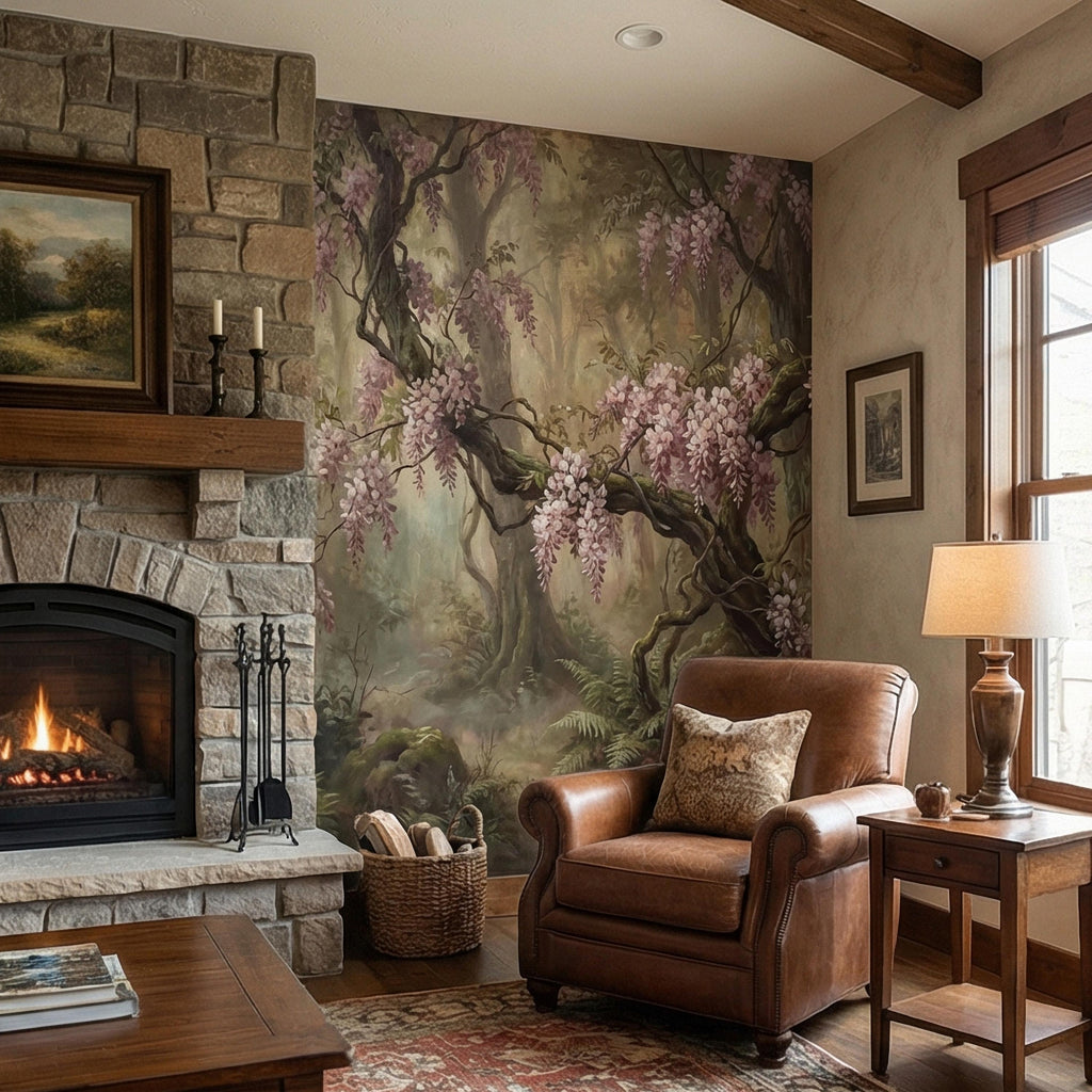 Misty Wisteria Forest Peel and Stick Wall Mural, Moody Floral Woodland, Romantic Botanical Wallpaper