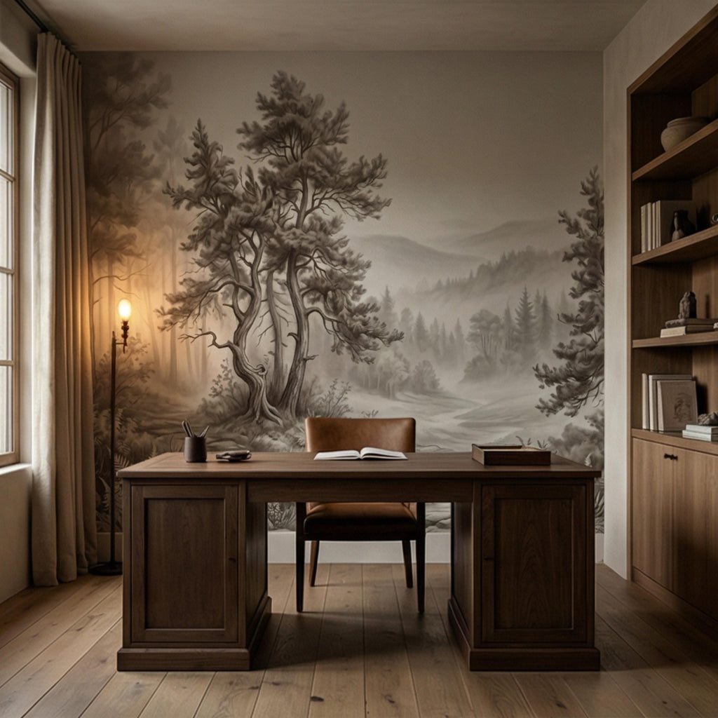 Misty Forest Peel and Stick Wall Mural, Neutral Woodland Landscape Wallpaper, Sepia Nature Wall Art for Bedroom Living Room