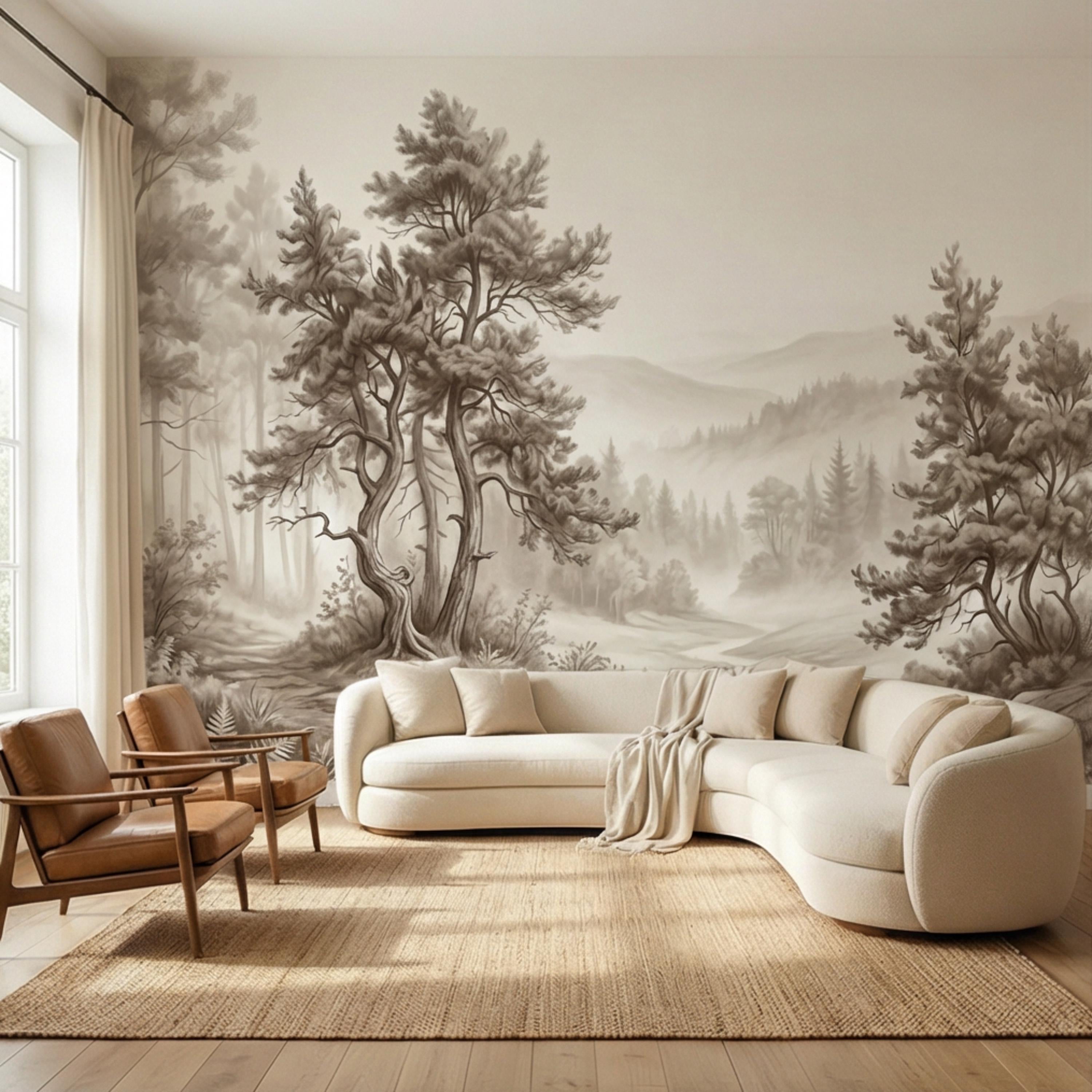 Misty Forest Peel and Stick Wall Mural, Neutral Woodland Landscape Wallpaper, Sepia Nature Wall Art for Bedroom Living Room