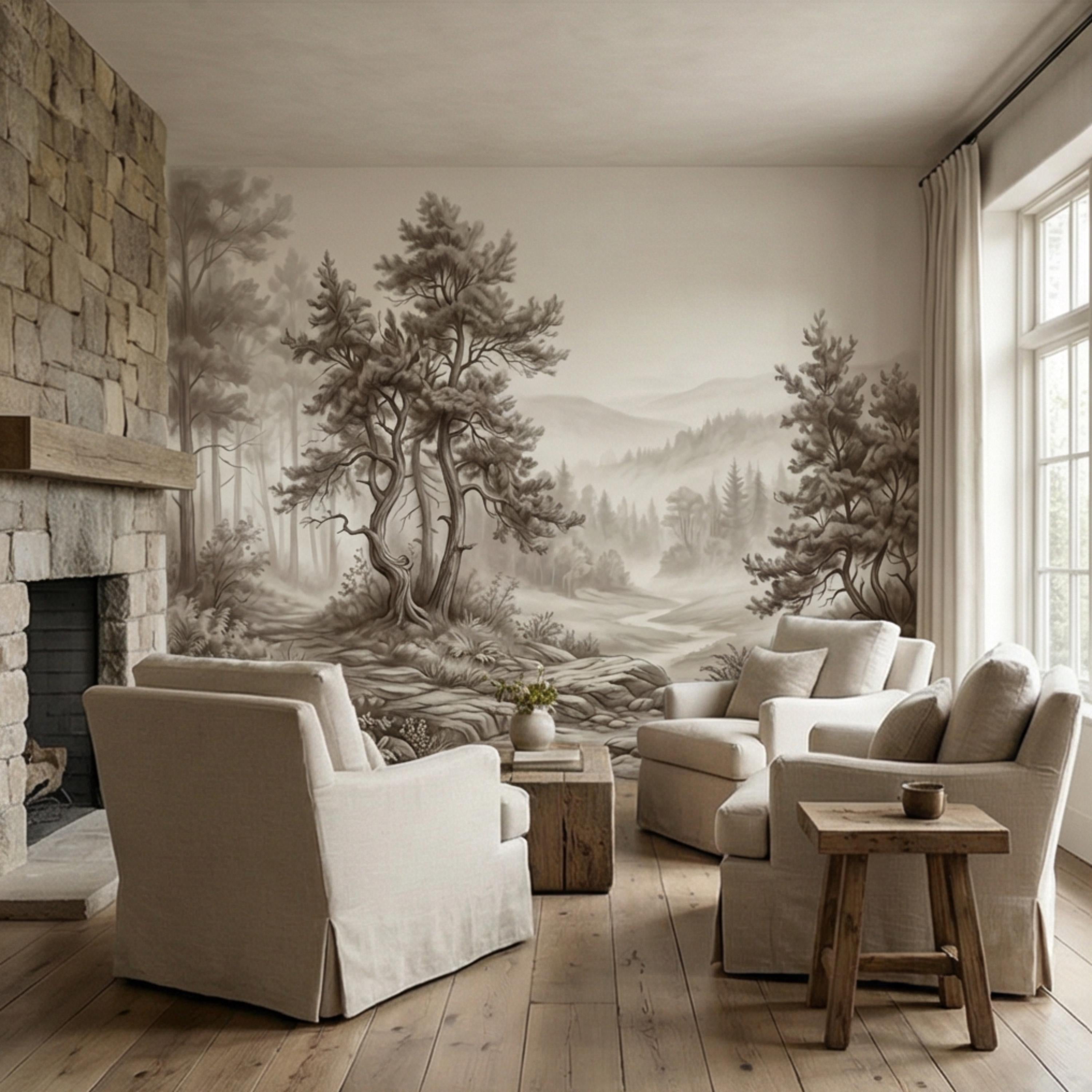 Misty Forest Peel and Stick Wall Mural, Neutral Woodland Landscape Wallpaper, Sepia Nature Wall Art for Bedroom Living Room