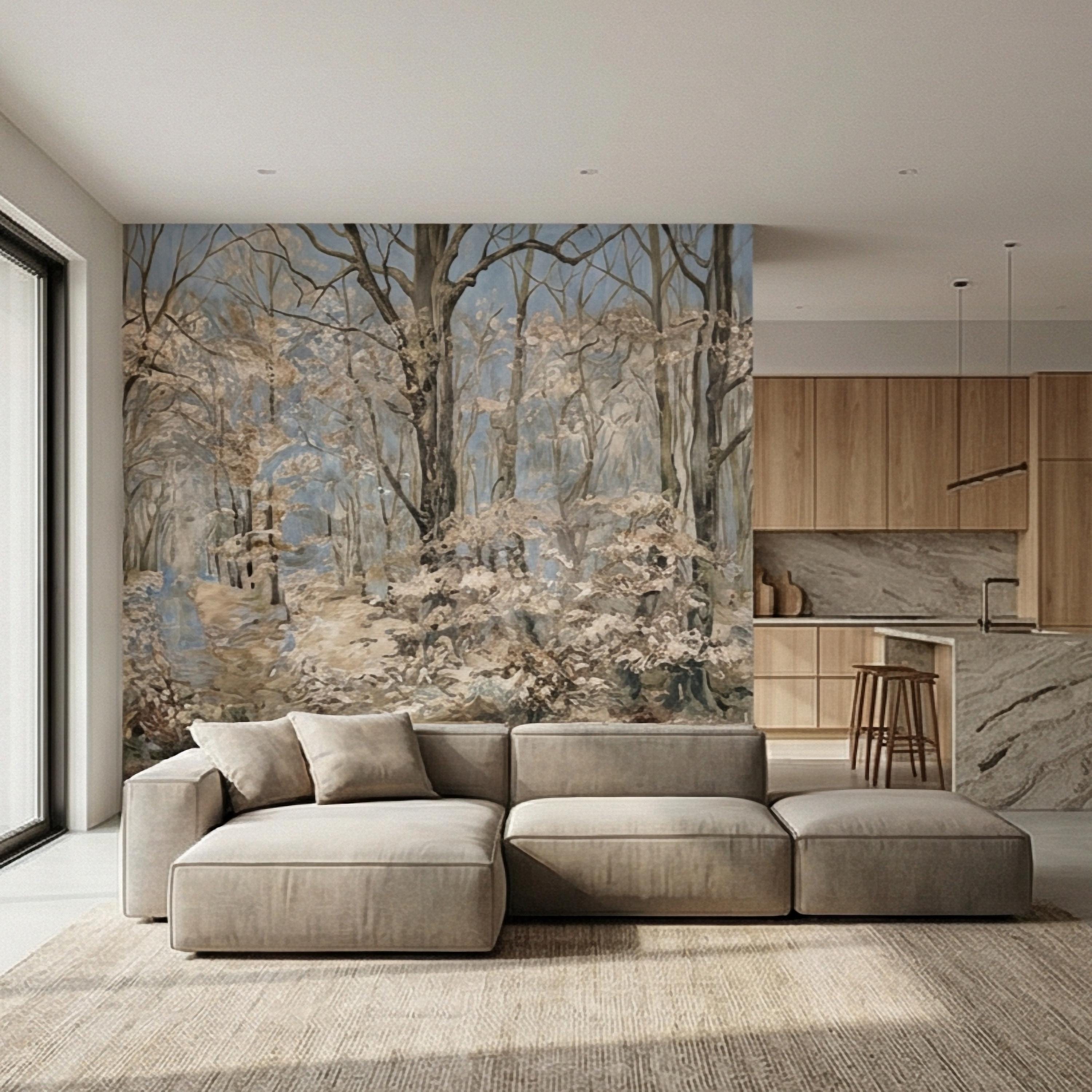 Blue Mist Forest Peel and Stick Wall Mural, Antique Woodland Path Landscape, Soft Neutral Foggy Nature Wallpaper