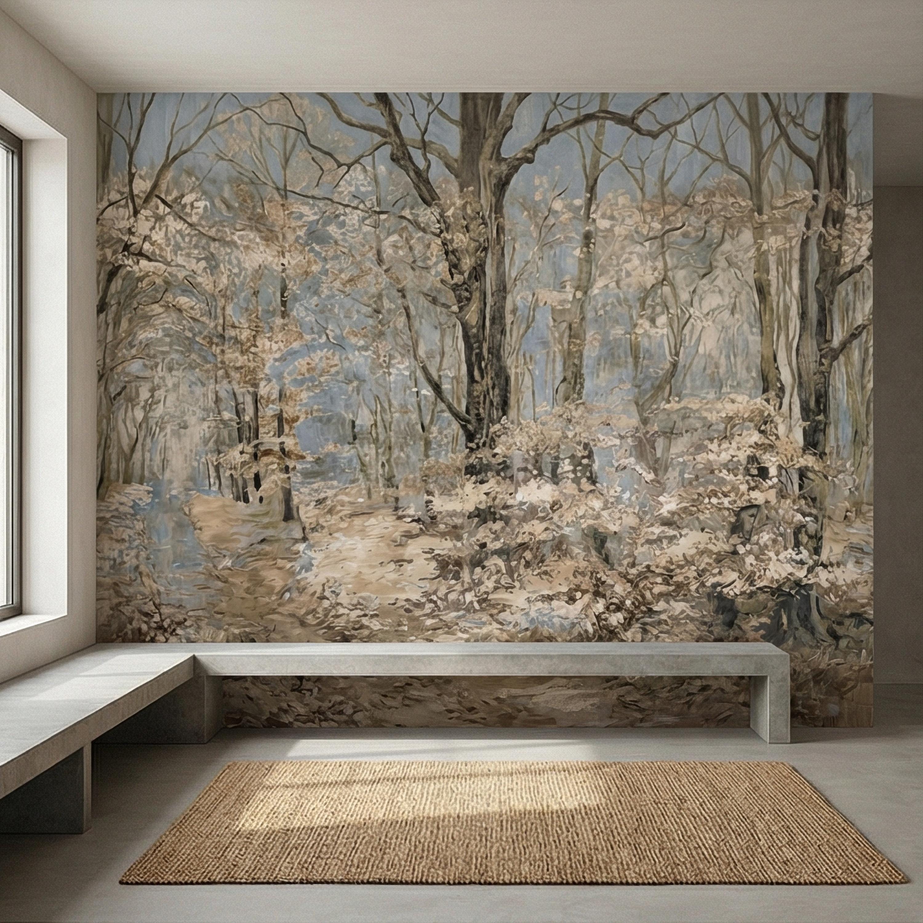 Blue Mist Forest Peel and Stick Wall Mural, Antique Woodland Path Landscape, Soft Neutral Foggy Nature Wallpaper