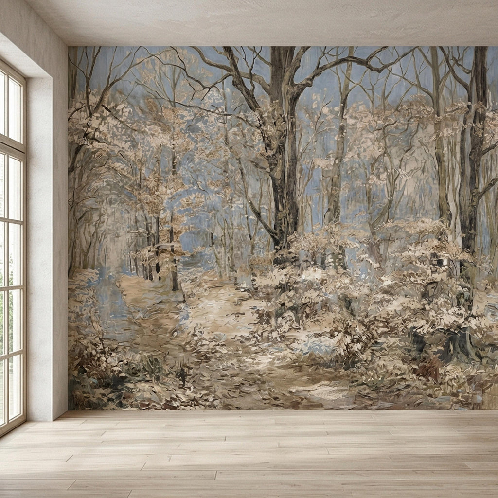 Blue Mist Forest Peel and Stick Wall Mural, Antique Woodland Path Landscape, Soft Neutral Foggy Nature Wallpaper