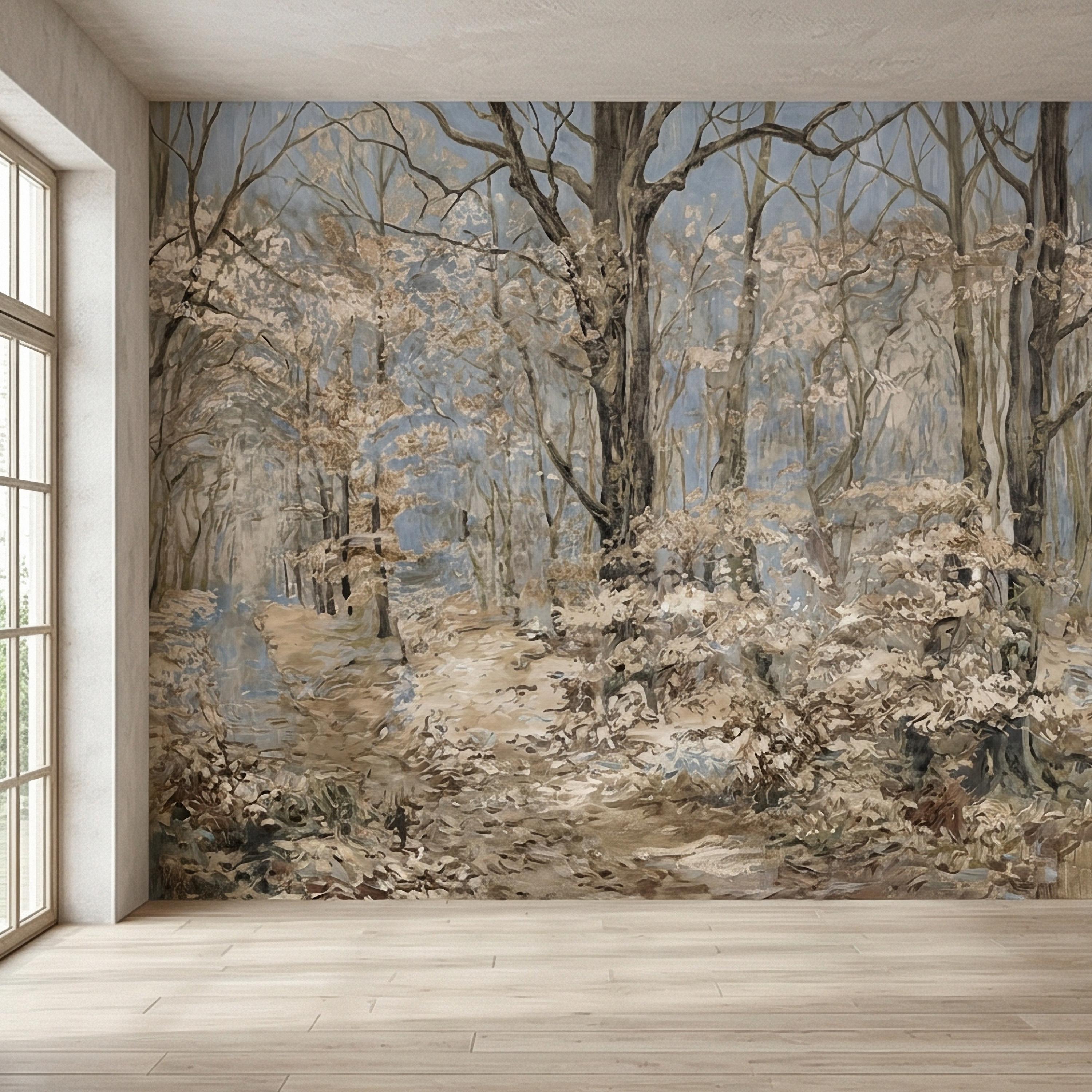 Blue Mist Forest Peel and Stick Wall Mural, Antique Woodland Path Landscape, Soft Neutral Foggy Nature Wallpaper