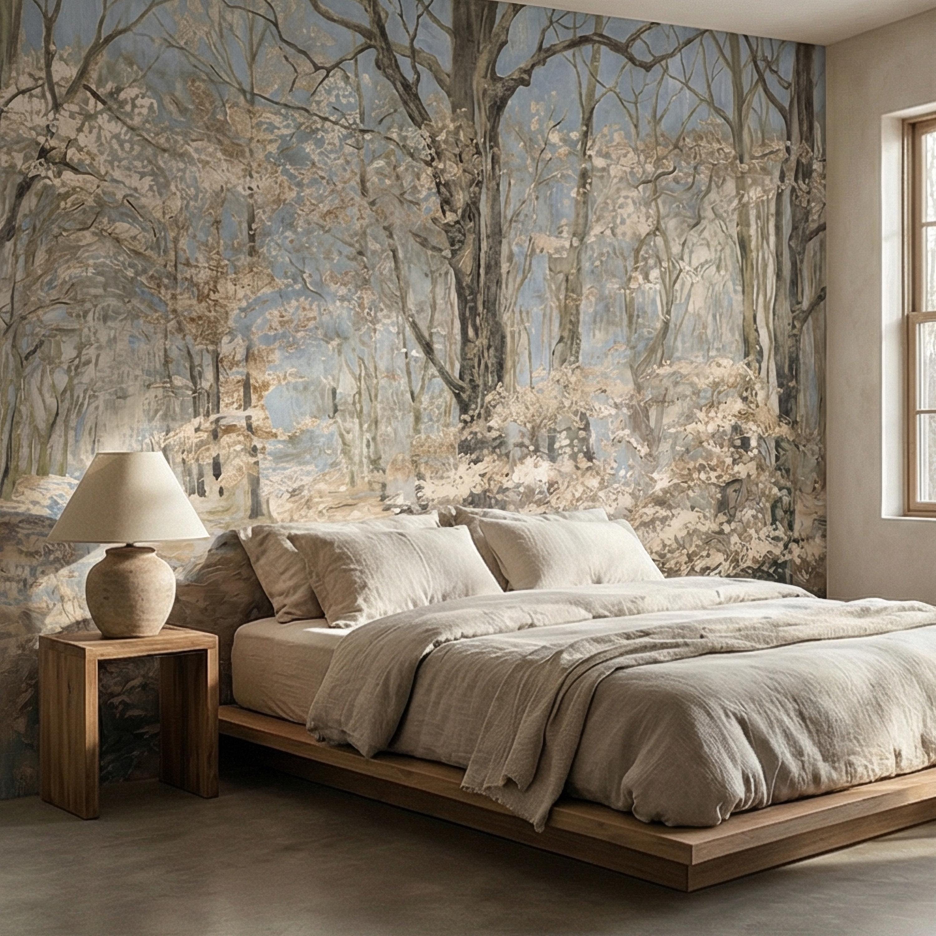 Blue Mist Forest Peel and Stick Wall Mural, Antique Woodland Path Landscape, Soft Neutral Foggy Nature Wallpaper