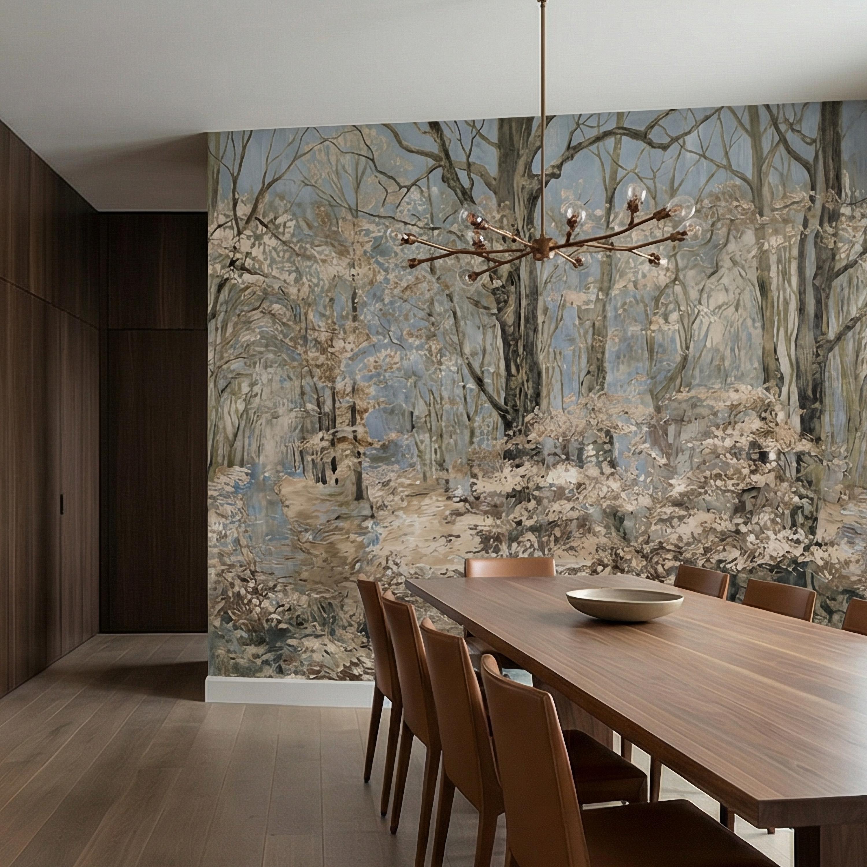 Blue Mist Forest Peel and Stick Wall Mural, Antique Woodland Path Landscape, Soft Neutral Foggy Nature Wallpaper