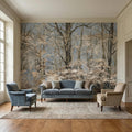 Blue Mist Forest Peel and Stick Wall Mural, Antique Woodland Path Landscape, Soft Neutral Foggy Nature Wallpaper