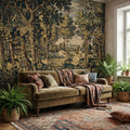 Vintage Medieval Woodland Tapestry Peel and Stick Wall Mural, Antique Forest Landscape, Old World Botanical Wallpaper