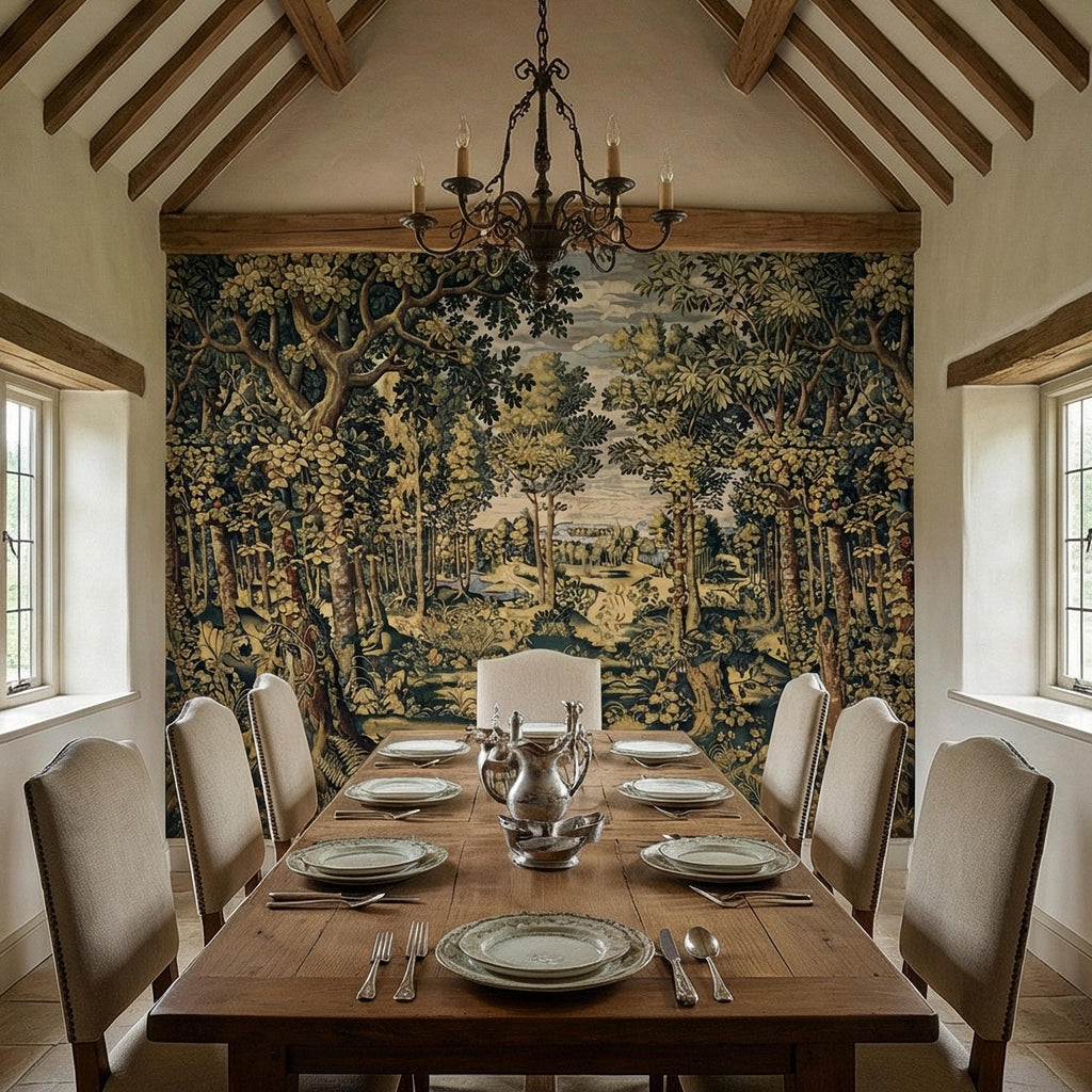 Vintage Medieval Woodland Tapestry Peel and Stick Wall Mural, Antique Forest Landscape, Old World Botanical Wallpaper