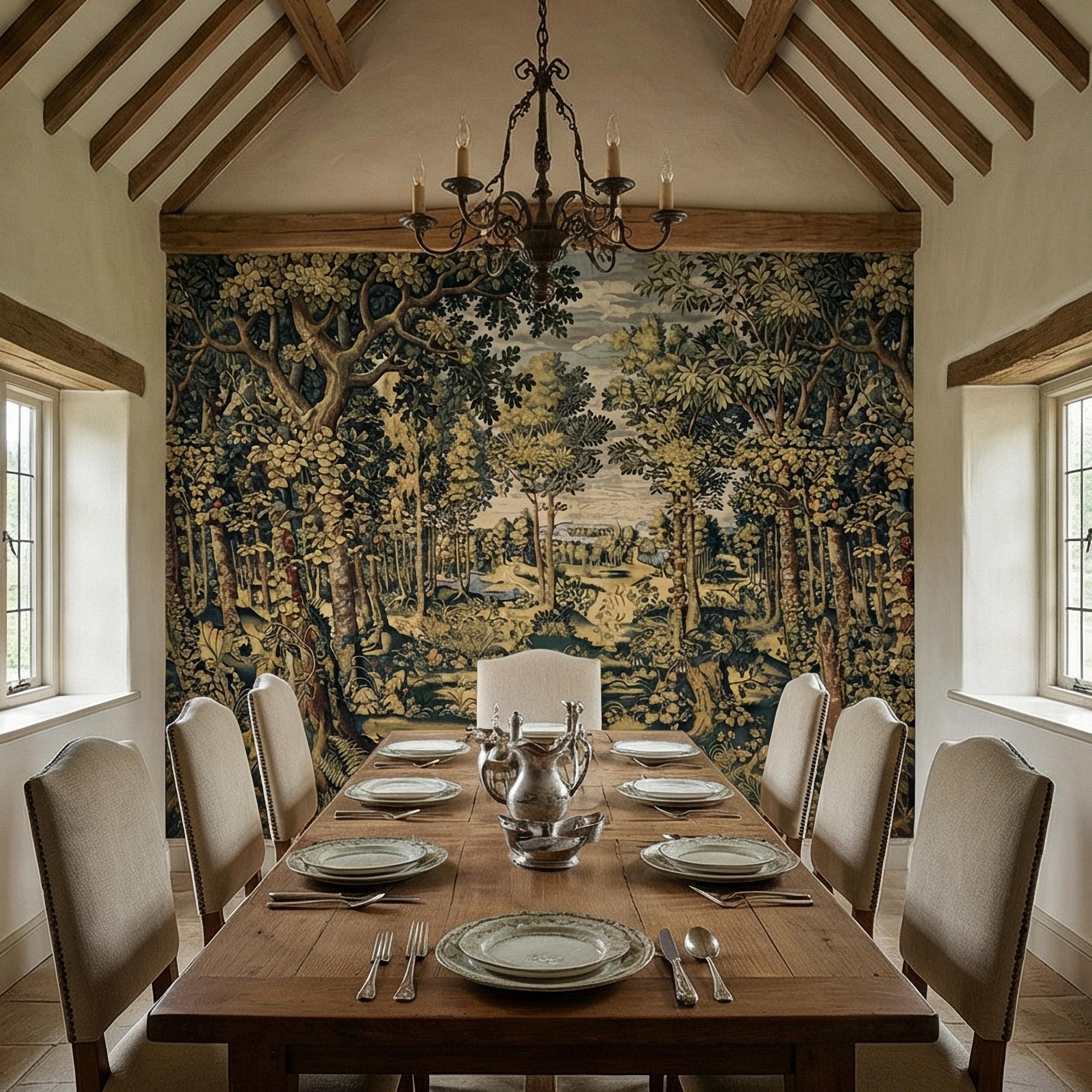 Vintage Medieval Woodland Tapestry Peel and Stick Wall Mural, Antique Forest Landscape, Old World Botanical Wallpaper