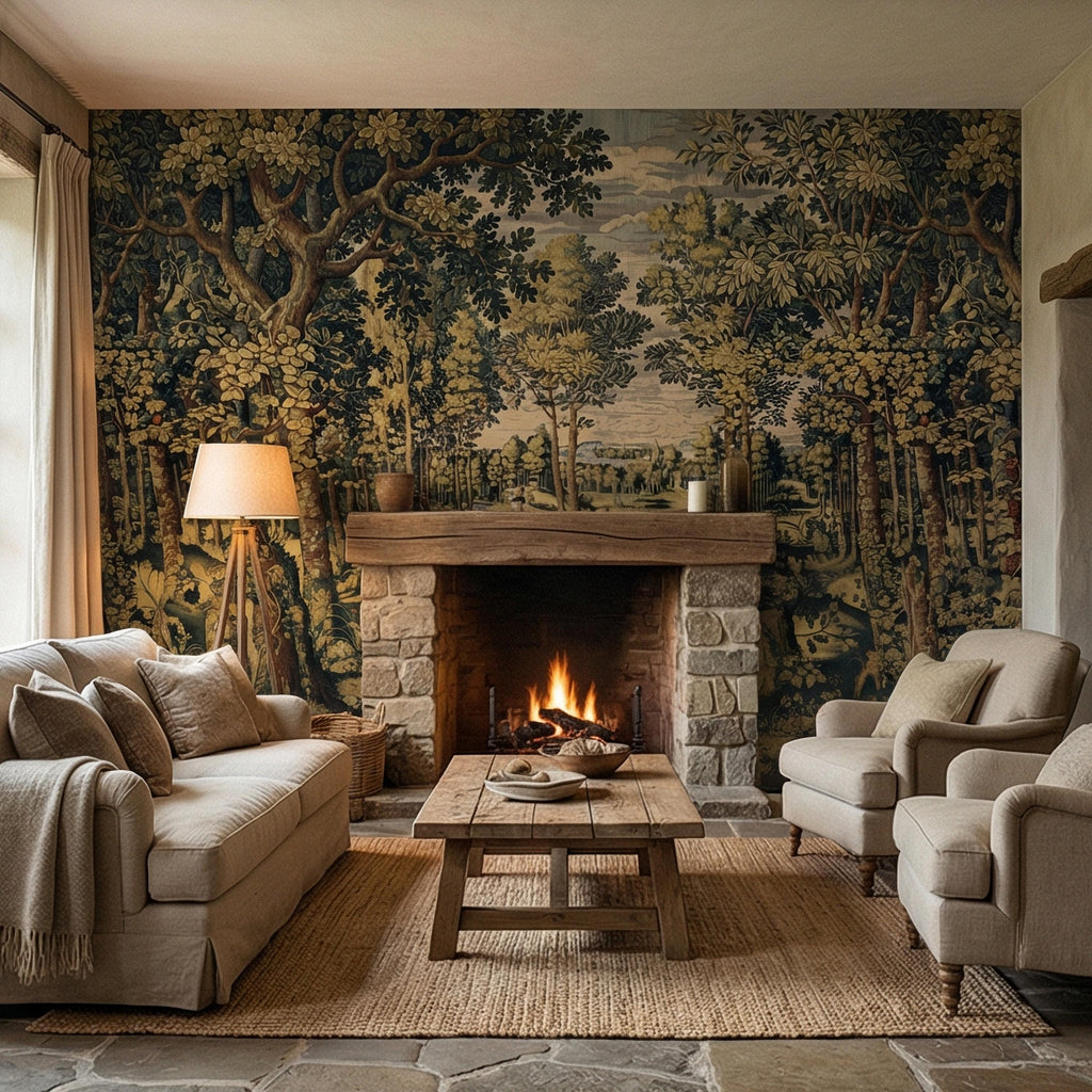 Vintage Medieval Woodland Tapestry Peel and Stick Wall Mural, Antique Forest Landscape, Old World Botanical Wallpaper