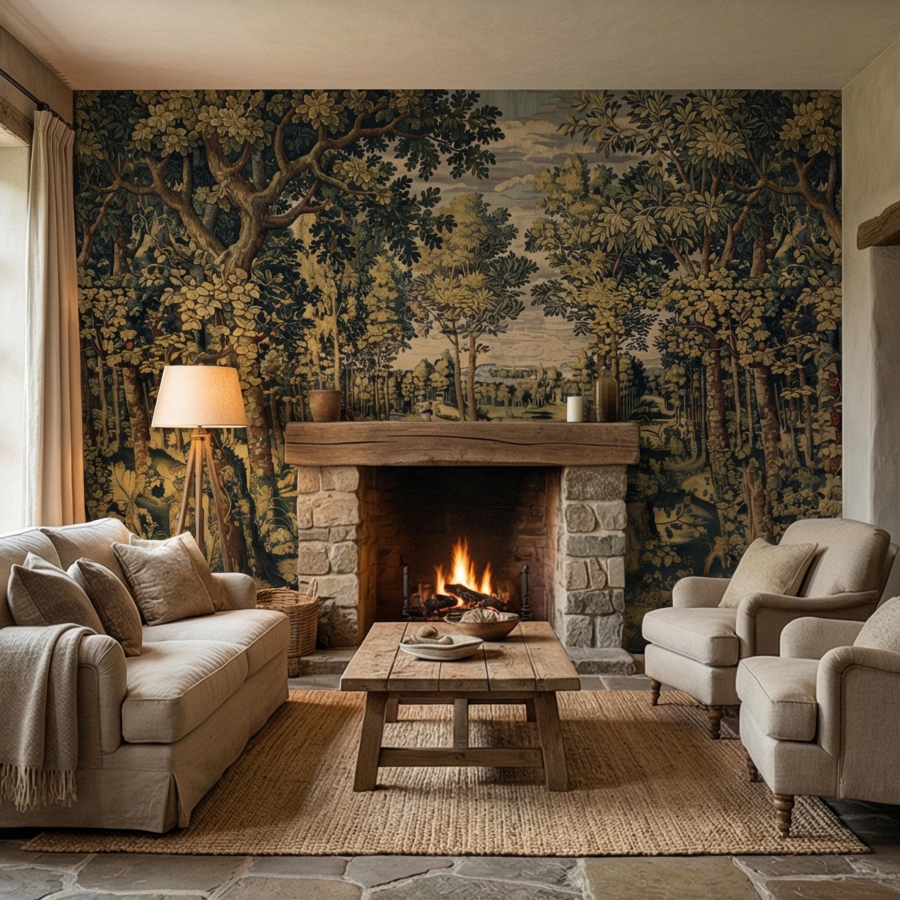 Vintage Medieval Woodland Tapestry Peel and Stick Wall Mural, Antique Forest Landscape, Old World Botanical Wallpaper