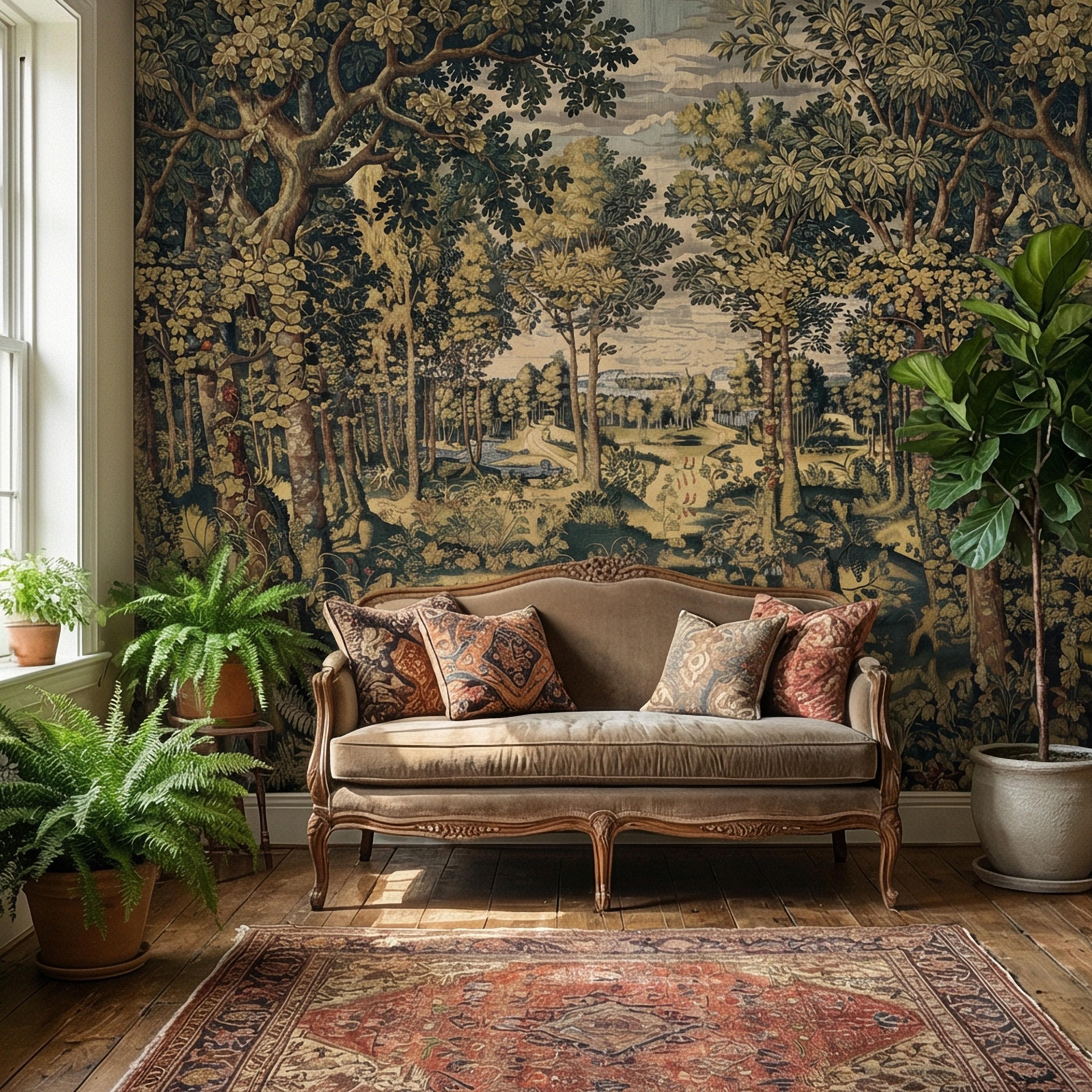 Vintage Medieval Woodland Tapestry Peel and Stick Wall Mural, Antique Forest Landscape, Old World Botanical Wallpaper