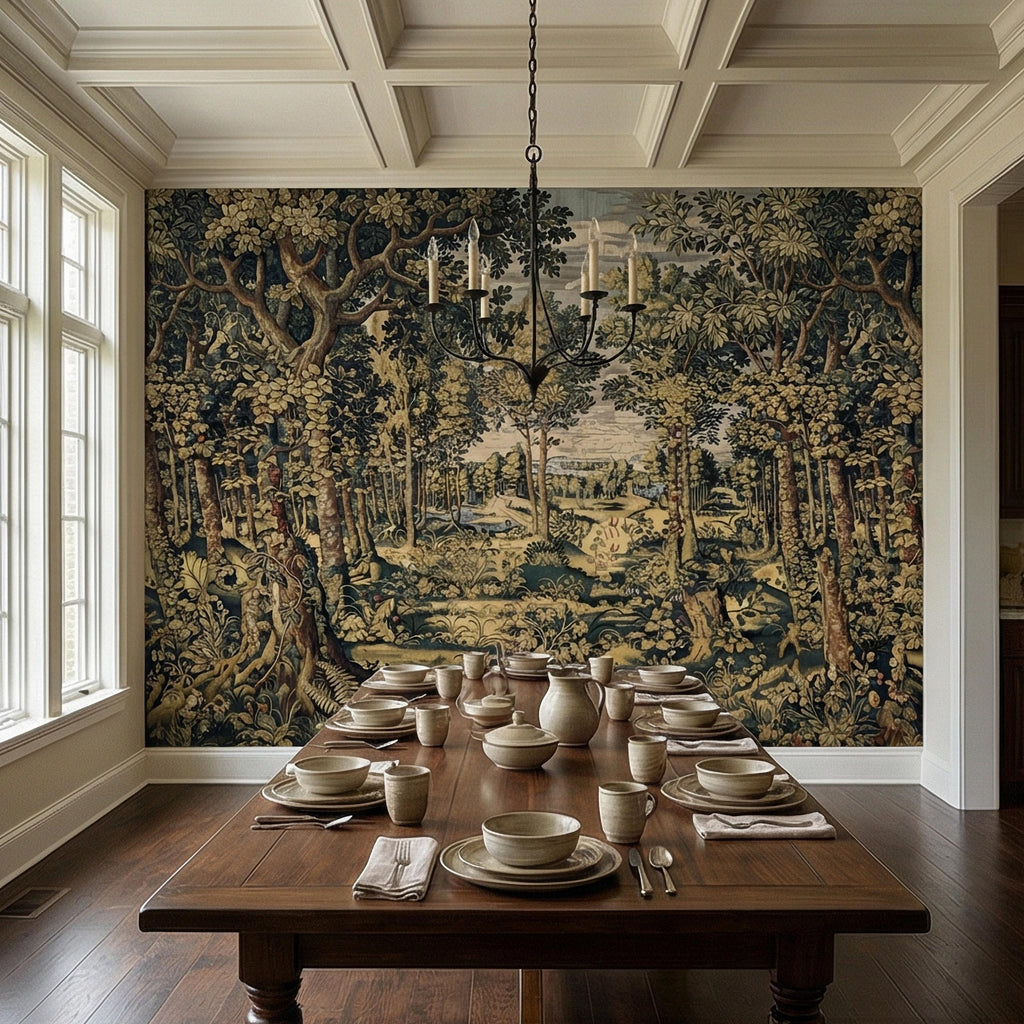 Vintage Medieval Woodland Tapestry Peel and Stick Wall Mural, Antique Forest Landscape, Old World Botanical Wallpaper
