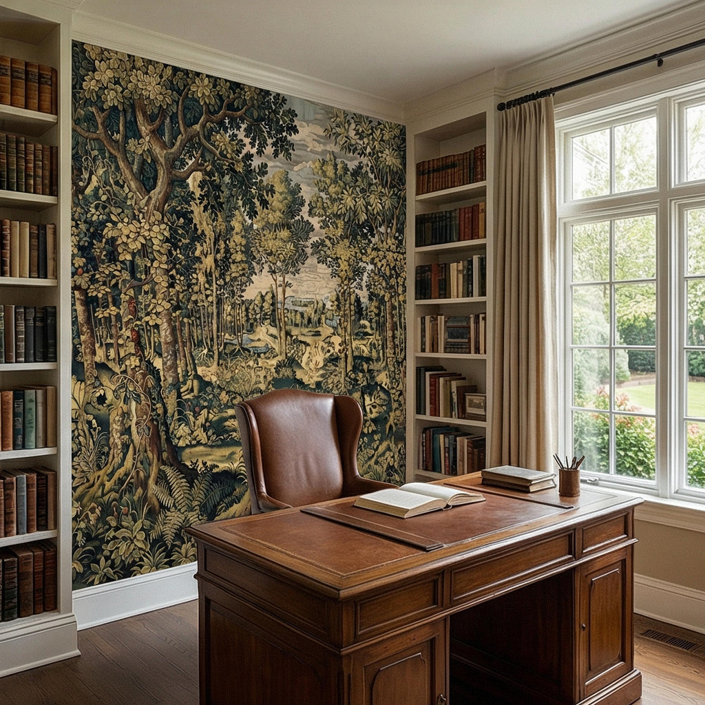 Vintage Medieval Woodland Tapestry Peel and Stick Wall Mural, Antique Forest Landscape, Old World Botanical Wallpaper