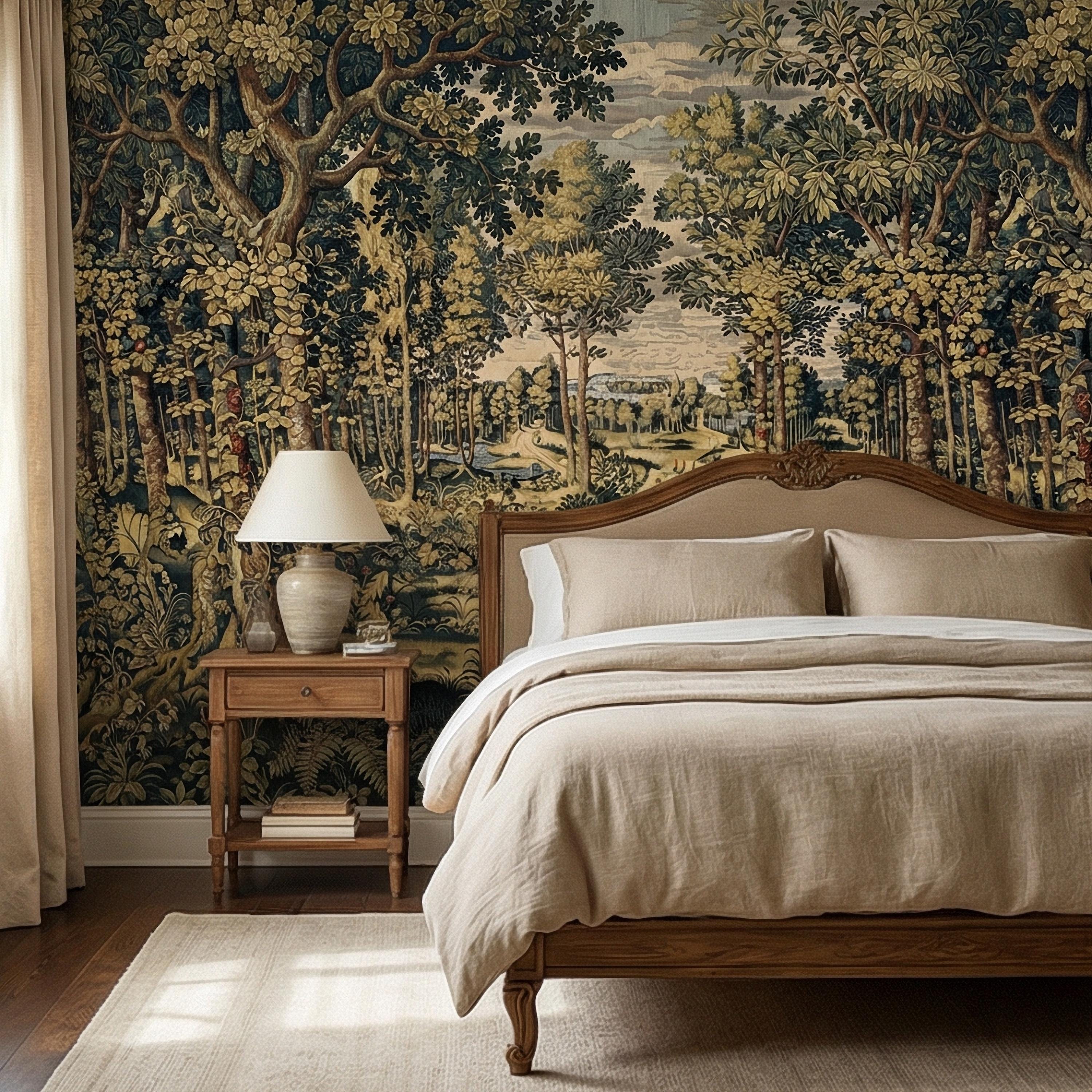 Vintage Medieval Woodland Tapestry Peel and Stick Wall Mural, Antique Forest Landscape, Old World Botanical Wallpaper