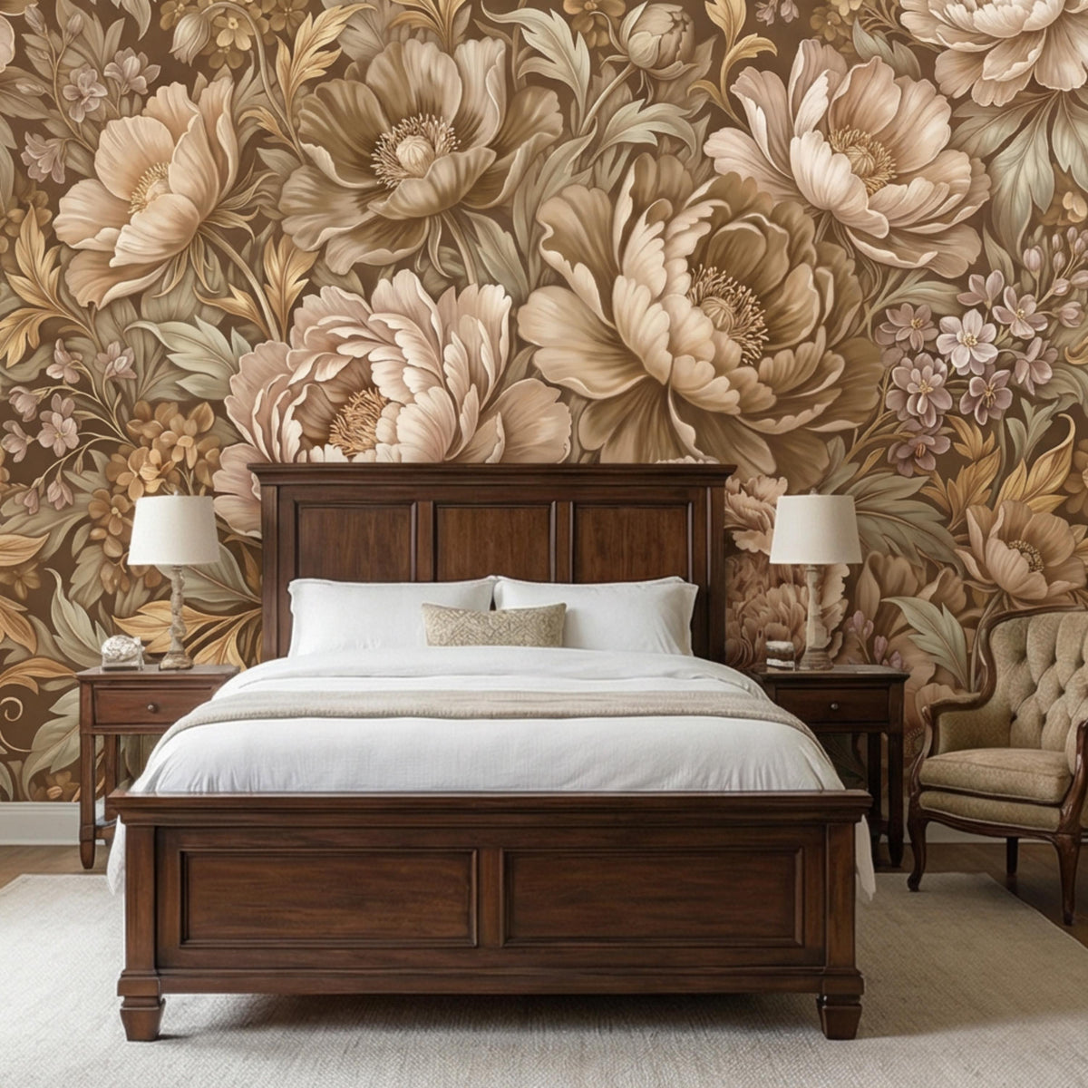 Beige botanical floral wall mural with large peony blossoms and delicate small flowers