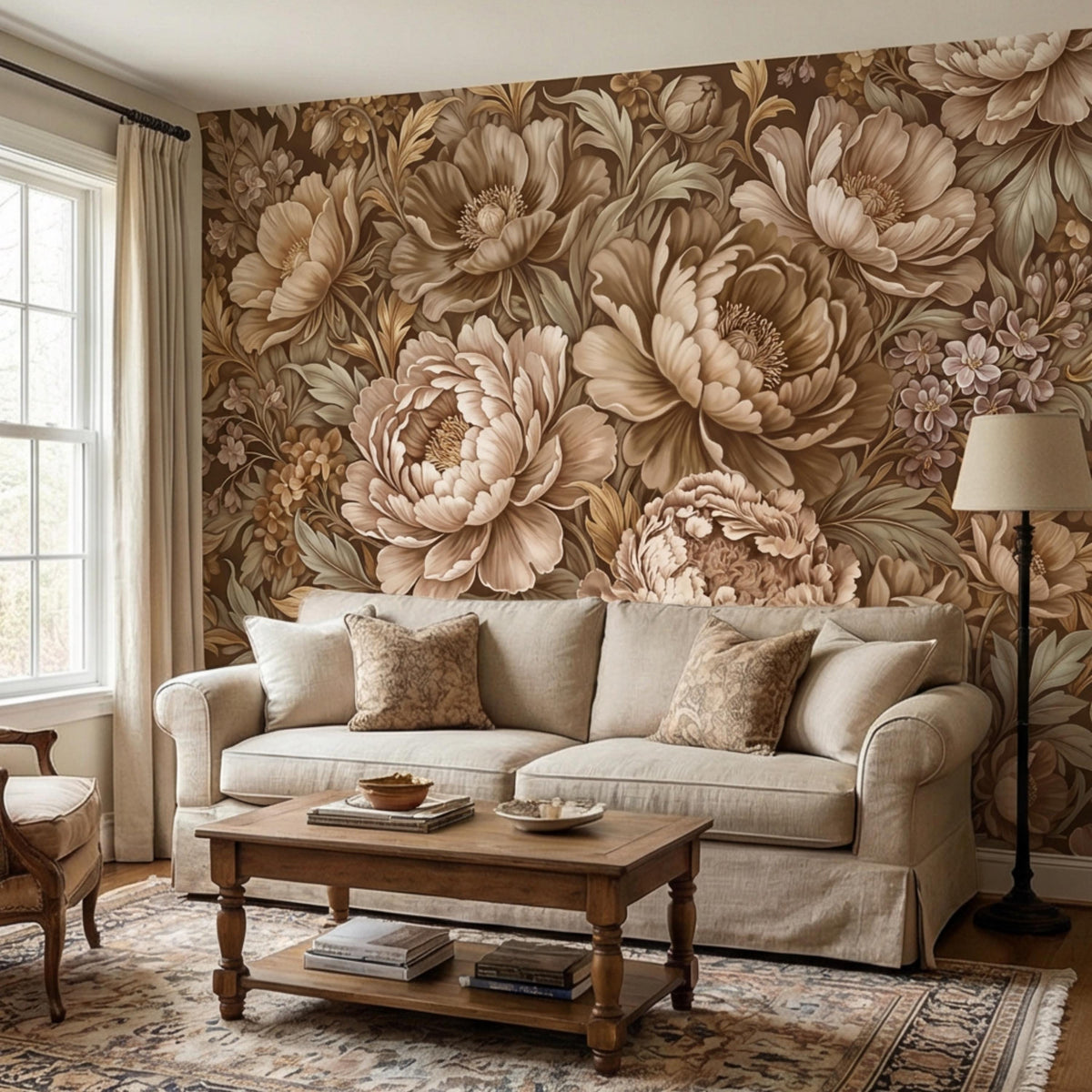 Beige vintage floral wall mural with big peony blooms and small sprig flower clusters