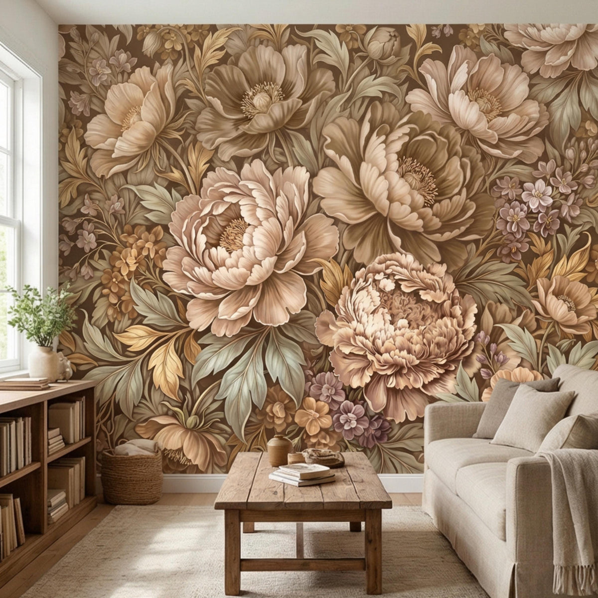 Beige vintage peony floral wall mural with botanical leaves and soft blossoms