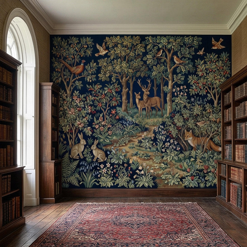 Woodland Tapestry Peel and Stick Wall Mural, Vintage Forest Animals Floral Scene, Medieval Botanical Landscape Wallpaper