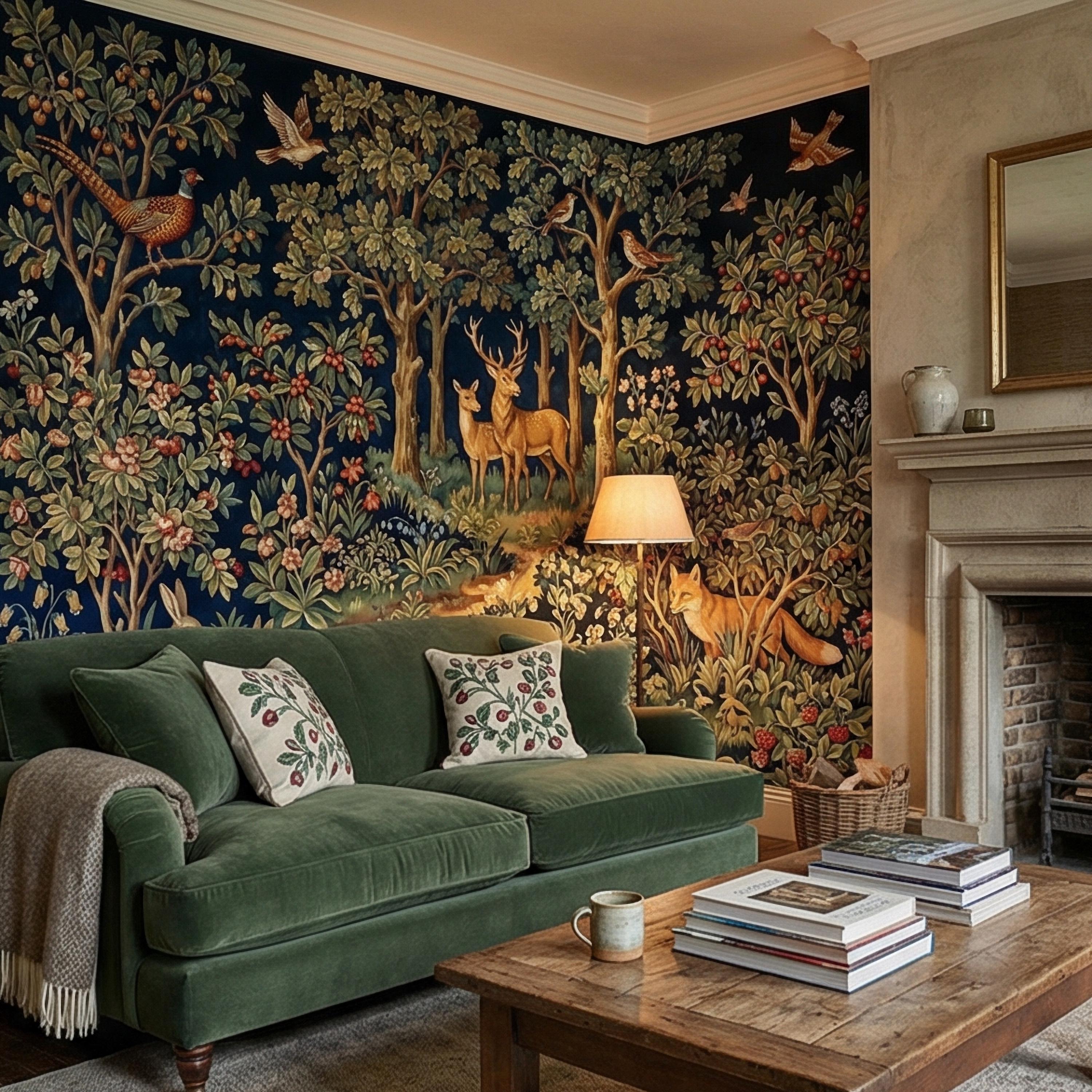 Woodland Tapestry Peel and Stick Wall Mural, Vintage Forest Animals Floral Scene, Medieval Botanical Landscape Wallpaper