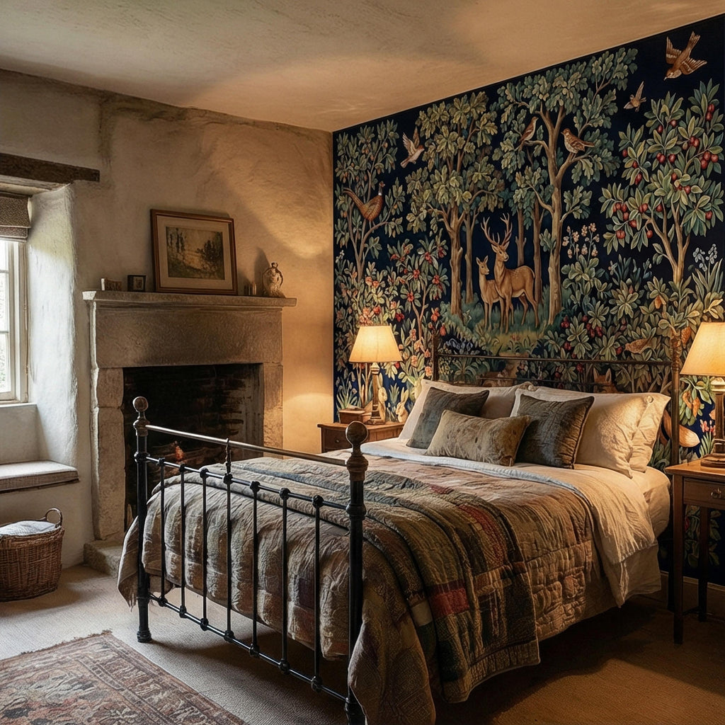 Woodland Tapestry Peel and Stick Wall Mural, Vintage Forest Animals Floral Scene, Medieval Botanical Landscape Wallpaper