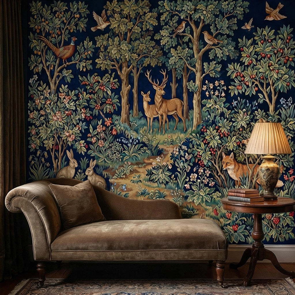 Woodland Tapestry Peel and Stick Wall Mural, Vintage Forest Animals Floral Scene, Medieval Botanical Landscape Wallpaper