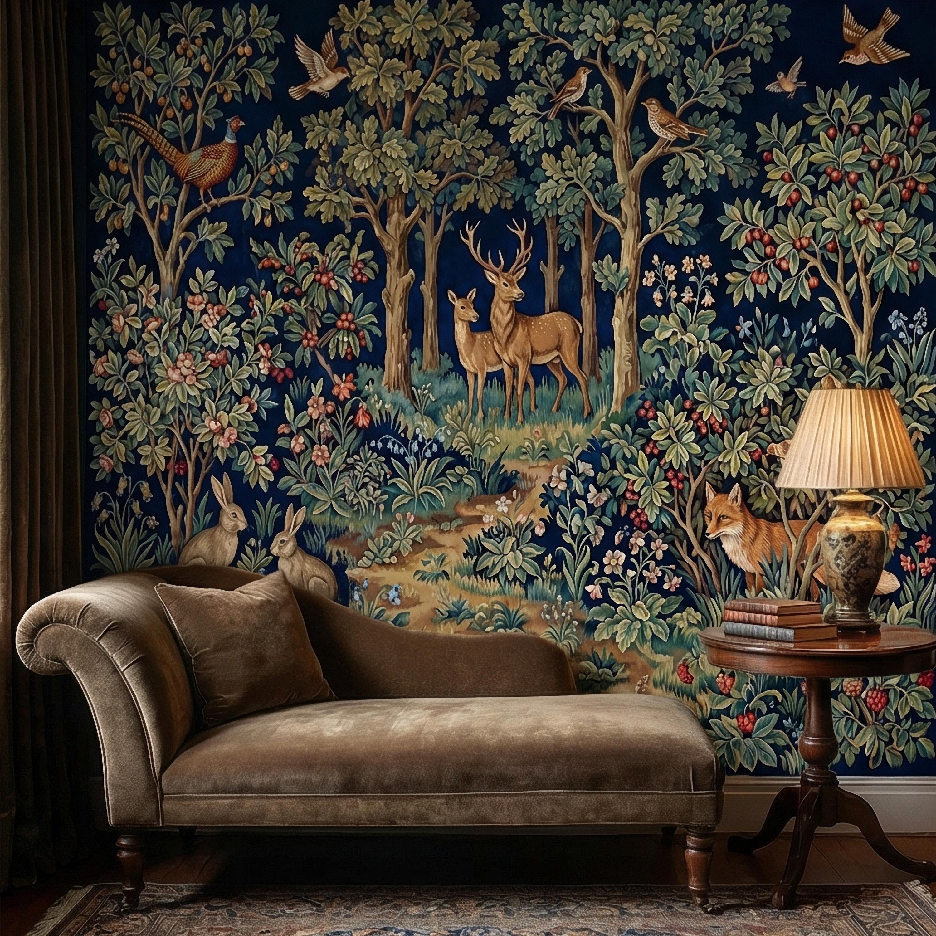 Woodland Tapestry Peel and Stick Wall Mural, Vintage Forest Animals Floral Scene, Medieval Botanical Landscape Wallpaper