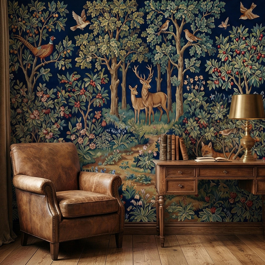 Woodland Tapestry Peel and Stick Wall Mural, Vintage Forest Animals Floral Scene, Medieval Botanical Landscape Wallpaper