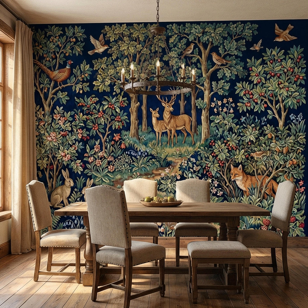 Woodland Tapestry Peel and Stick Wall Mural, Vintage Forest Animals Floral Scene, Medieval Botanical Landscape Wallpaper