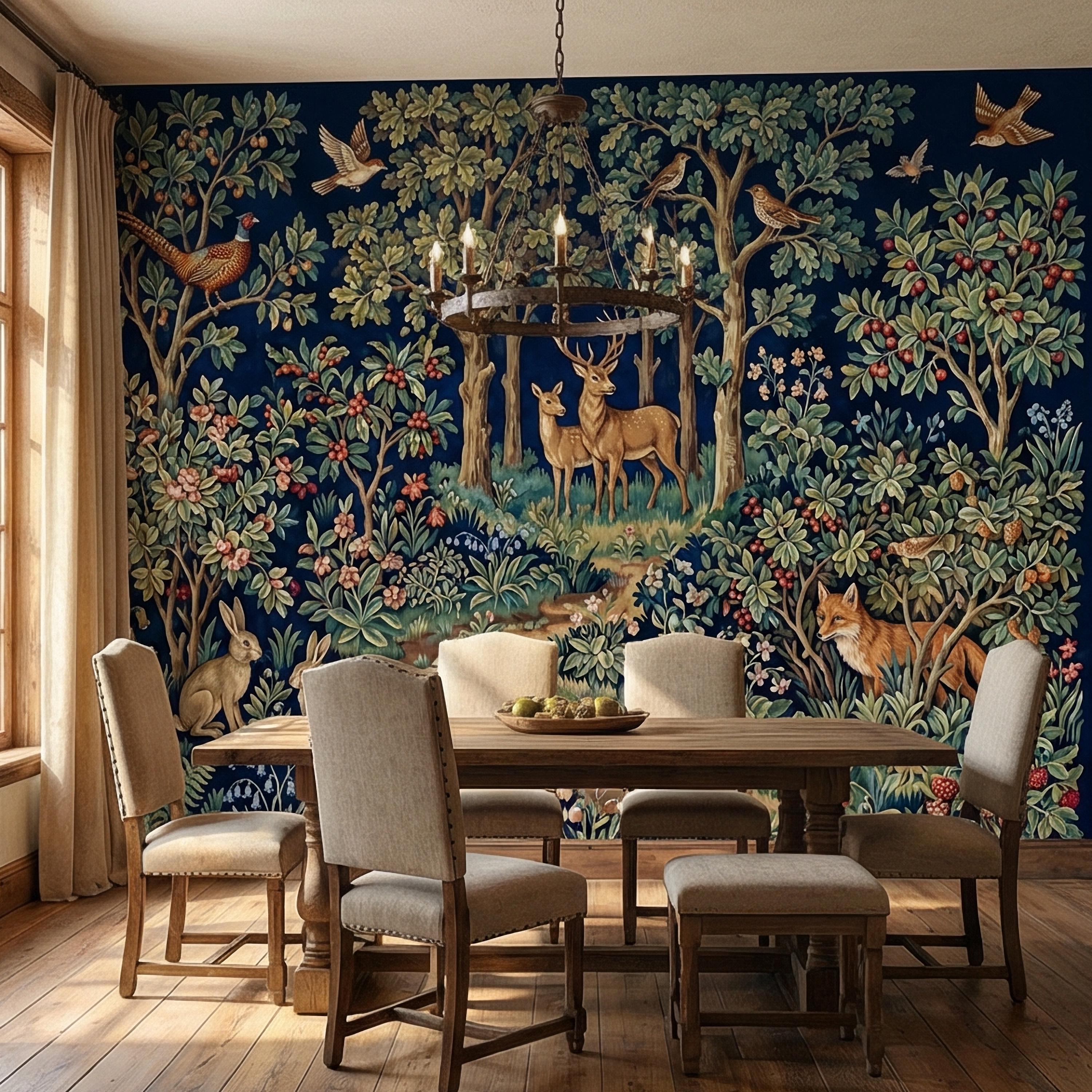 Woodland Tapestry Peel and Stick Wall Mural, Vintage Forest Animals Floral Scene, Medieval Botanical Landscape Wallpaper