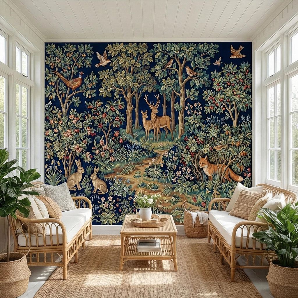 Woodland Tapestry Peel and Stick Wall Mural, Vintage Forest Animals Floral Scene, Medieval Botanical Landscape Wallpaper