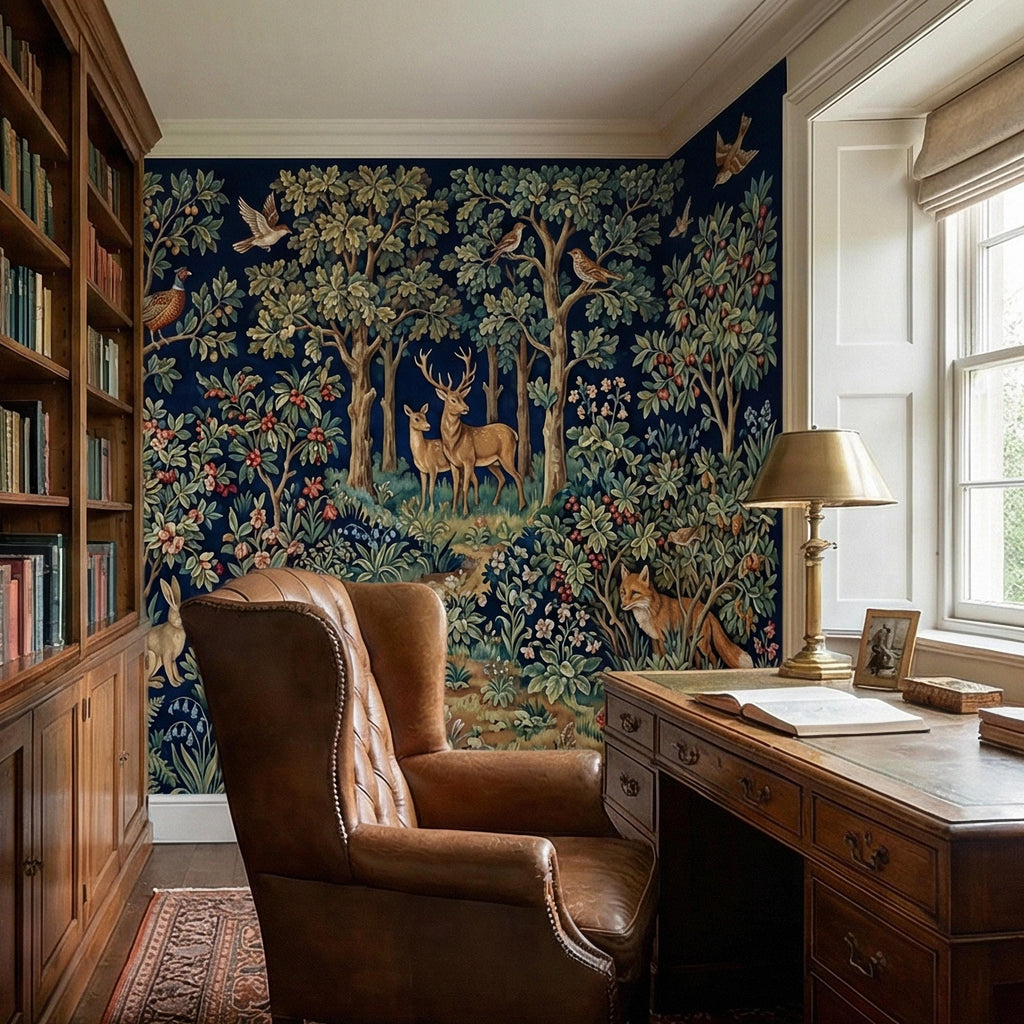 Woodland Tapestry Peel and Stick Wall Mural, Vintage Forest Animals Floral Scene, Medieval Botanical Landscape Wallpaper