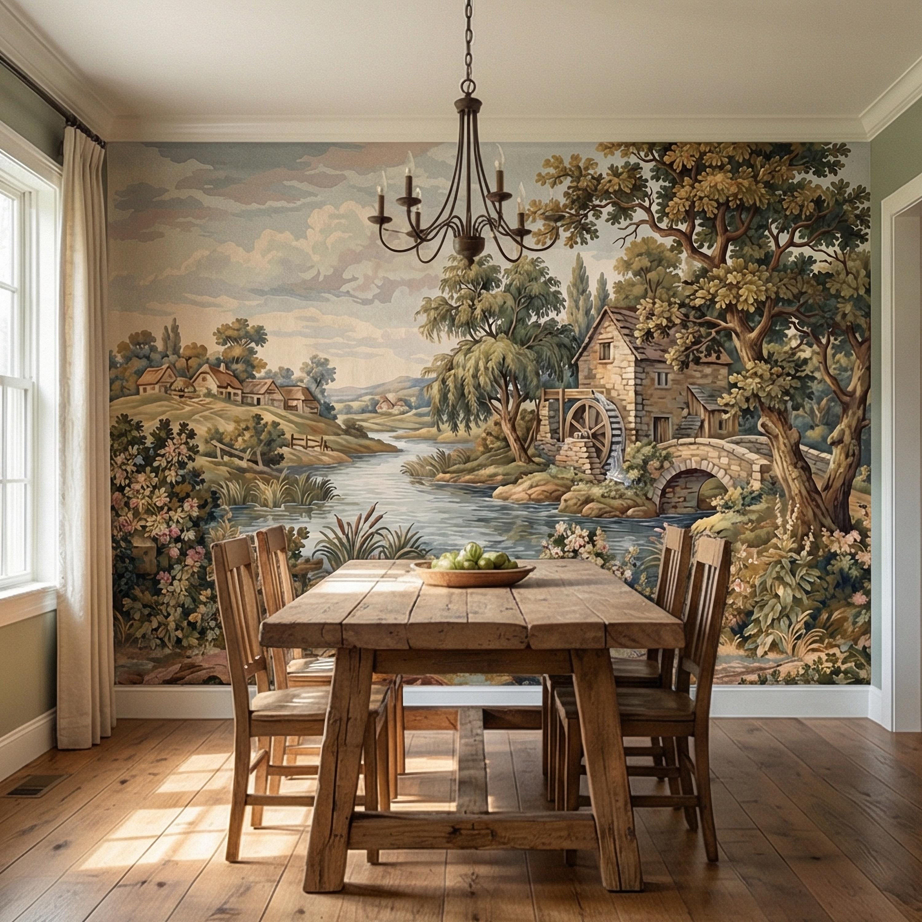 Vintage Pastoral Old Tapestry Peel and Stick Wall Mural, English Cottage River Landscape, Old World Scenic Wallpaper