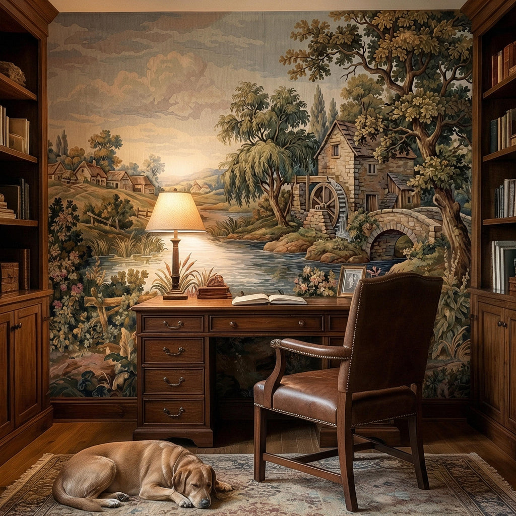 Vintage Pastoral Old Tapestry Peel and Stick Wall Mural, English Cottage River Landscape, Old World Scenic Wallpaper